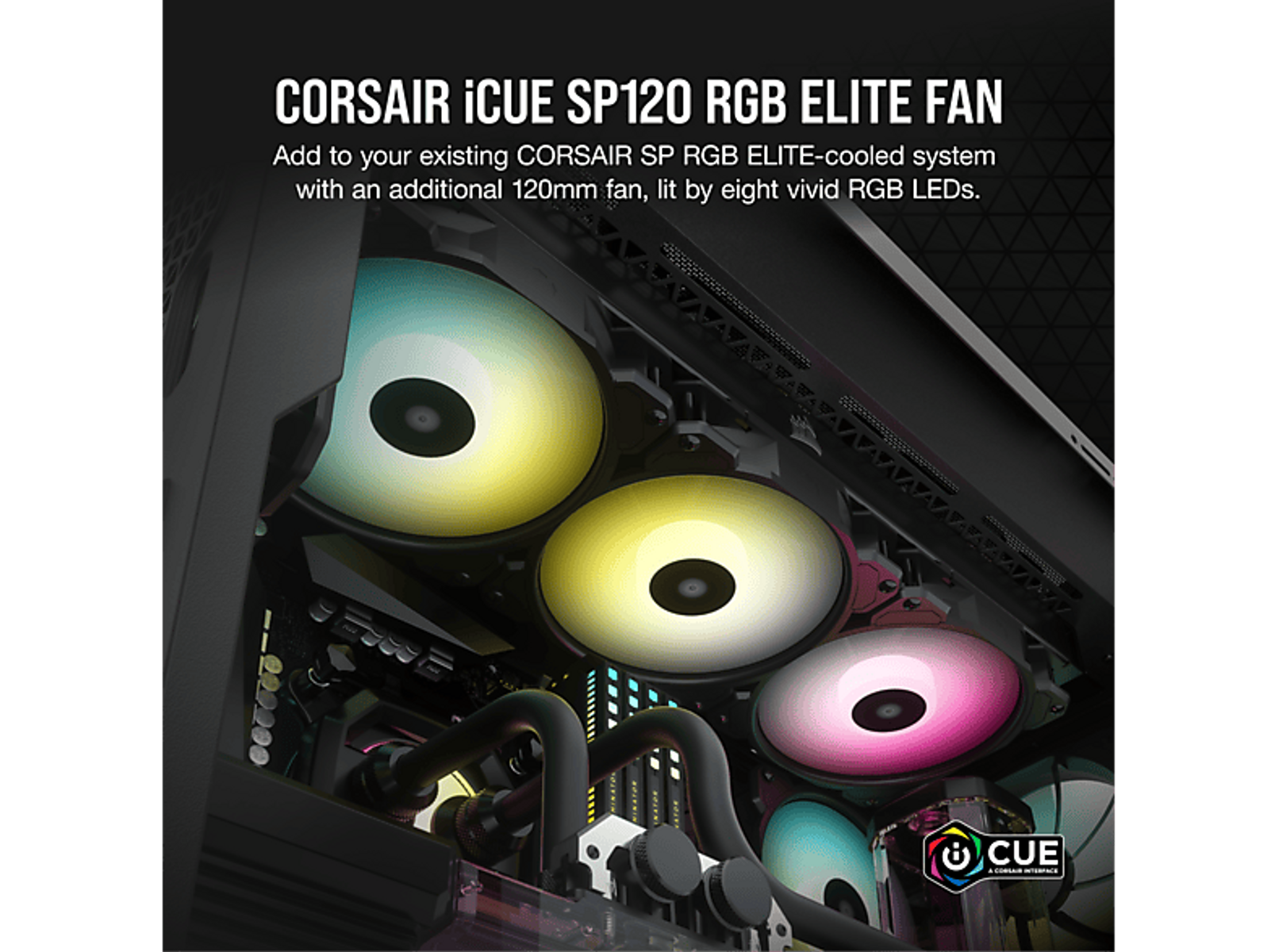 Obudowa komputera z trzema wentylatorami RGB. Wentylatory mają światła w różnych kolorach. Czarne wnętrze.