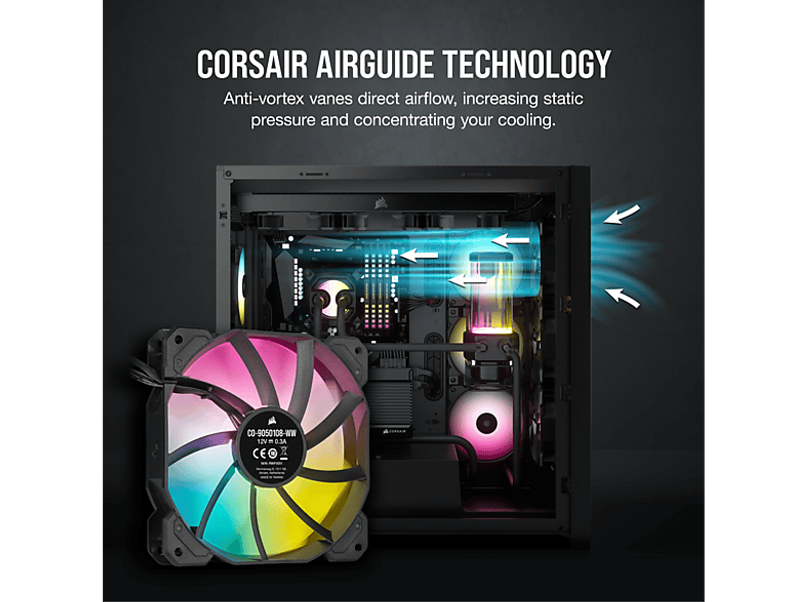 Wnętrze obudowy komputera z wentylatorem z oświetleniem RGB i kierunkiem przepływu powietrza.