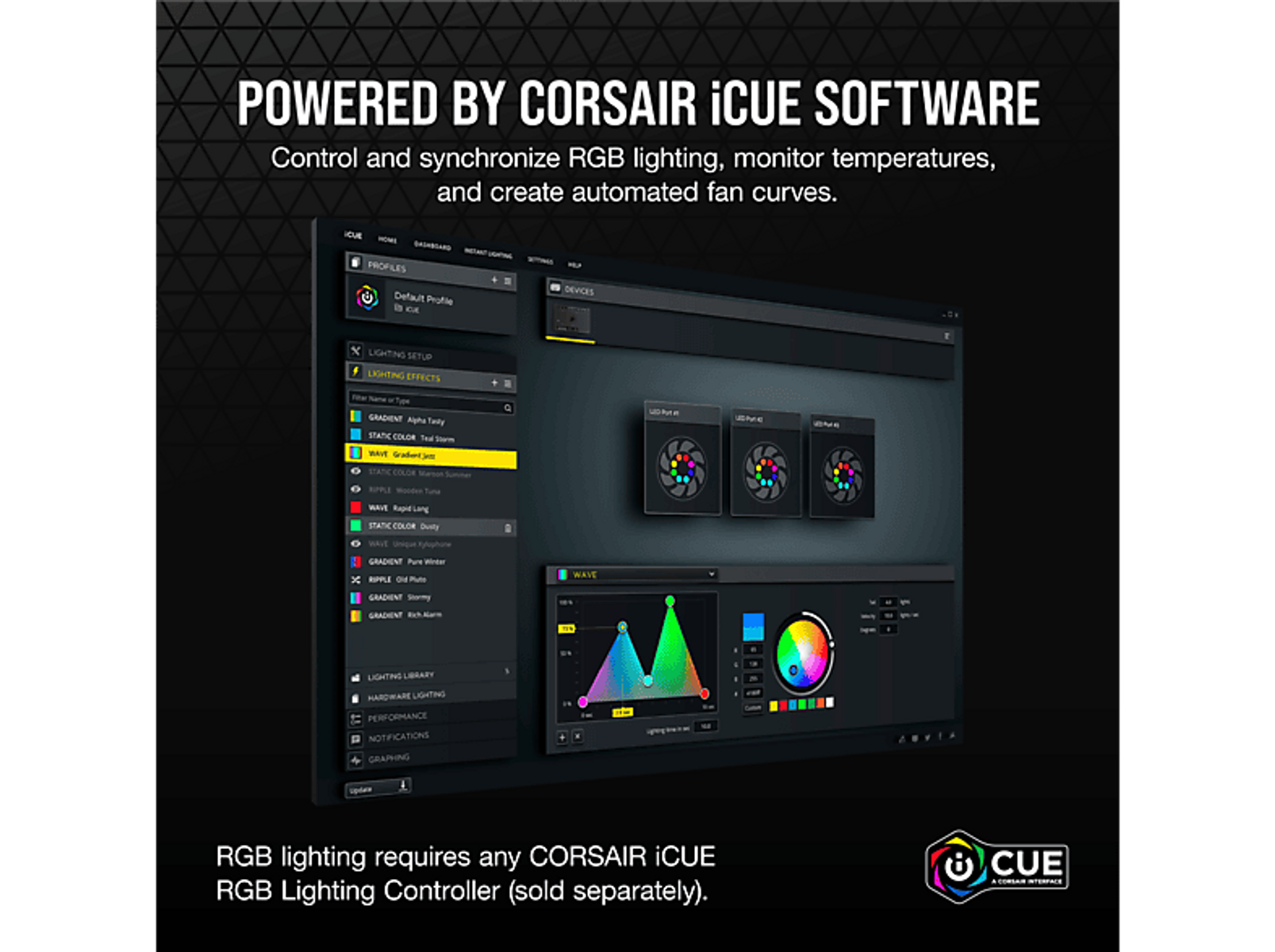 Interfejs oprogramowania Corsair iCUE. Pokazuje sterowanie oświetleniem i krzywe wentylatora.