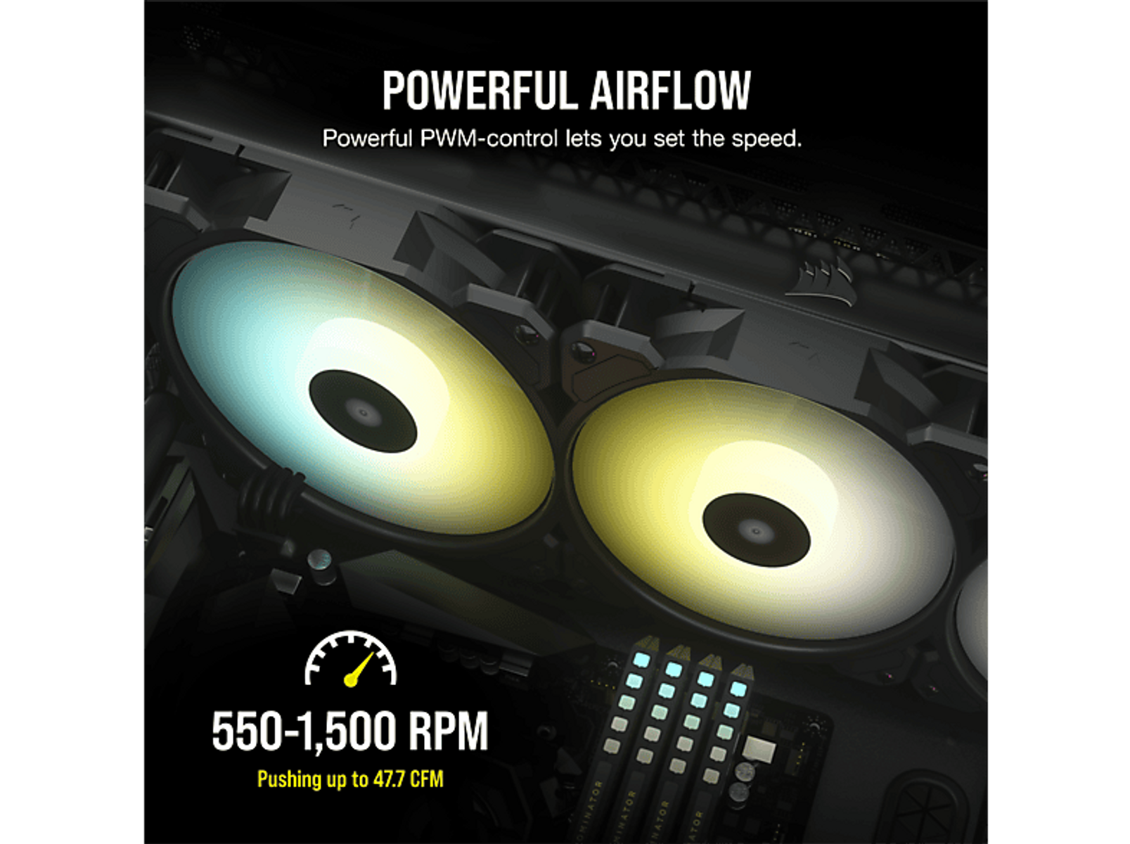 Zbliżenie dwóch podświetlonych wentylatorów. Wentylatory są częścią systemu chłodzenia komputera, z tekstem.