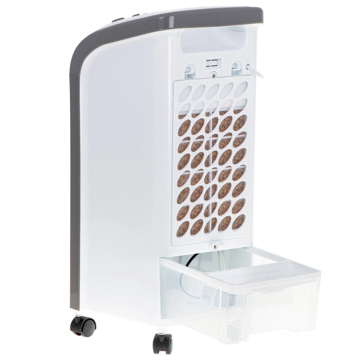 Weißer und grauer Luftkühler. Seitenansicht, mit Wassertank.