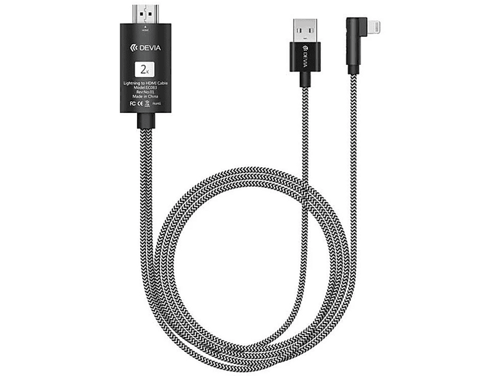 Cavo da Lightning a HDMI a strisce bianche e nere. Il cavo ha connettori ad entrambe le estremità, con un adattatore nero.