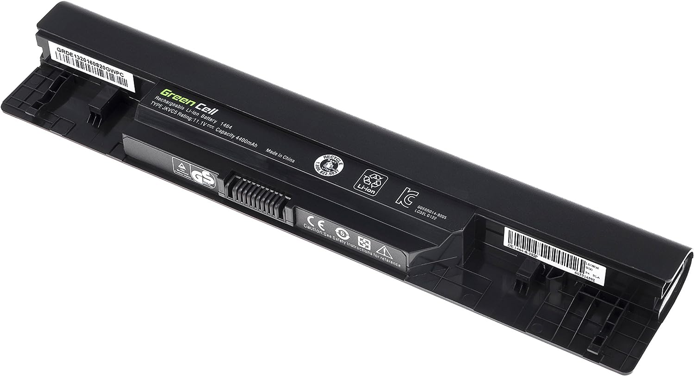 Green Cell Laptop-Akku. Er ist schwarz und hat mehrere Aufkleber und Markierungen.