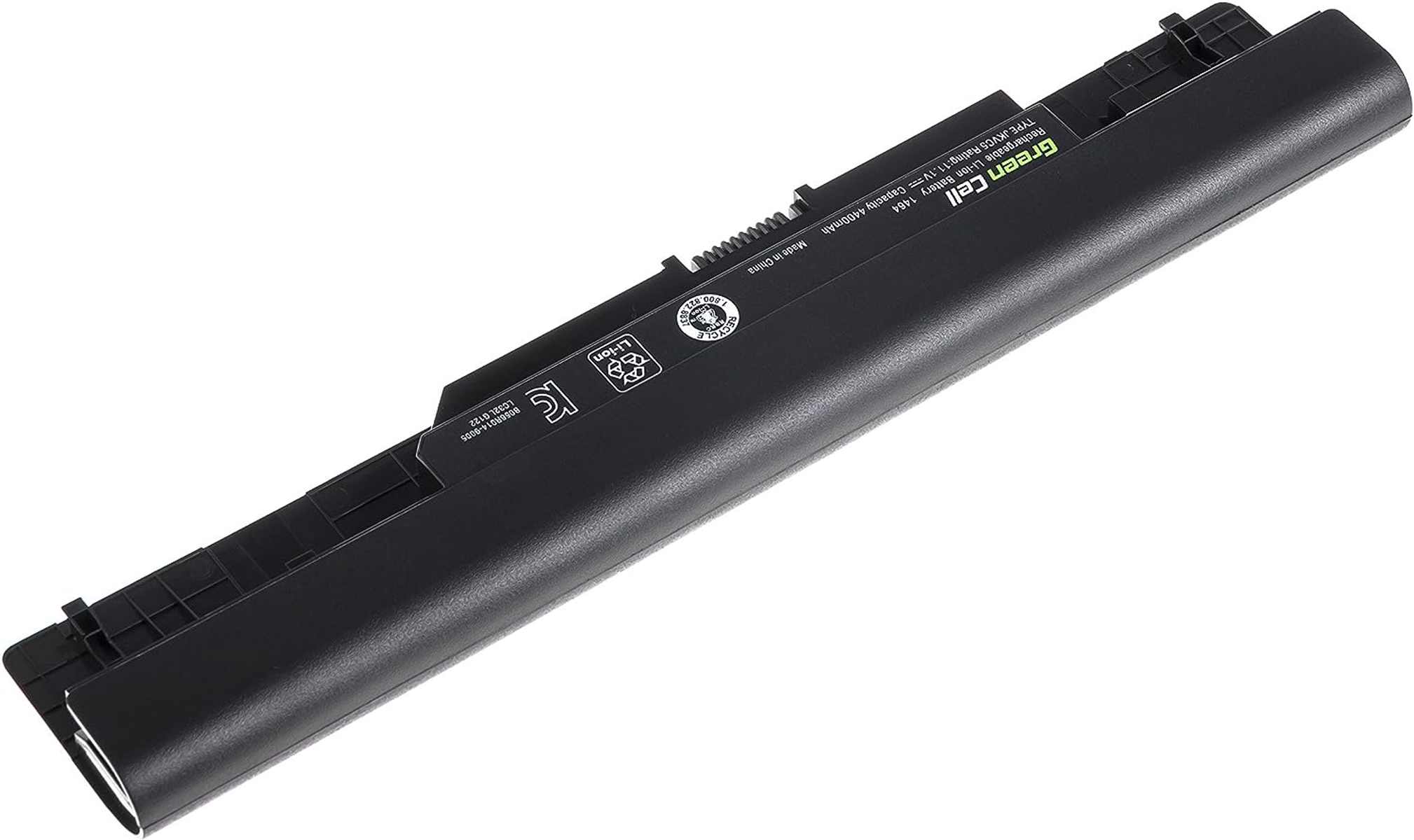 Ein schwarzer Laptop-Akku mit Etiketten. Der Akku ist rechteckig und hat Anschlüsse.