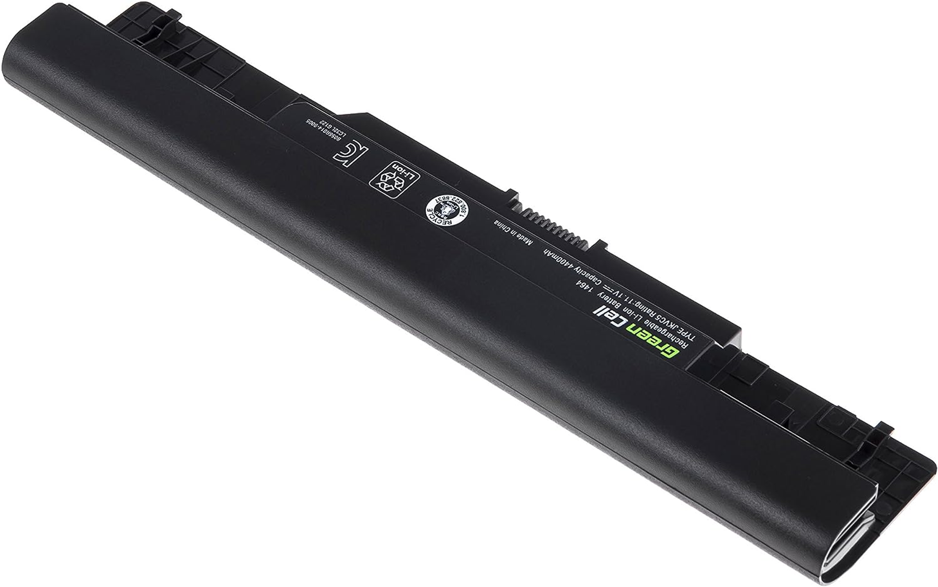 Ein schwarzer und grüner Laptop-Akku. Der Markenname Green Cell ist sichtbar.
