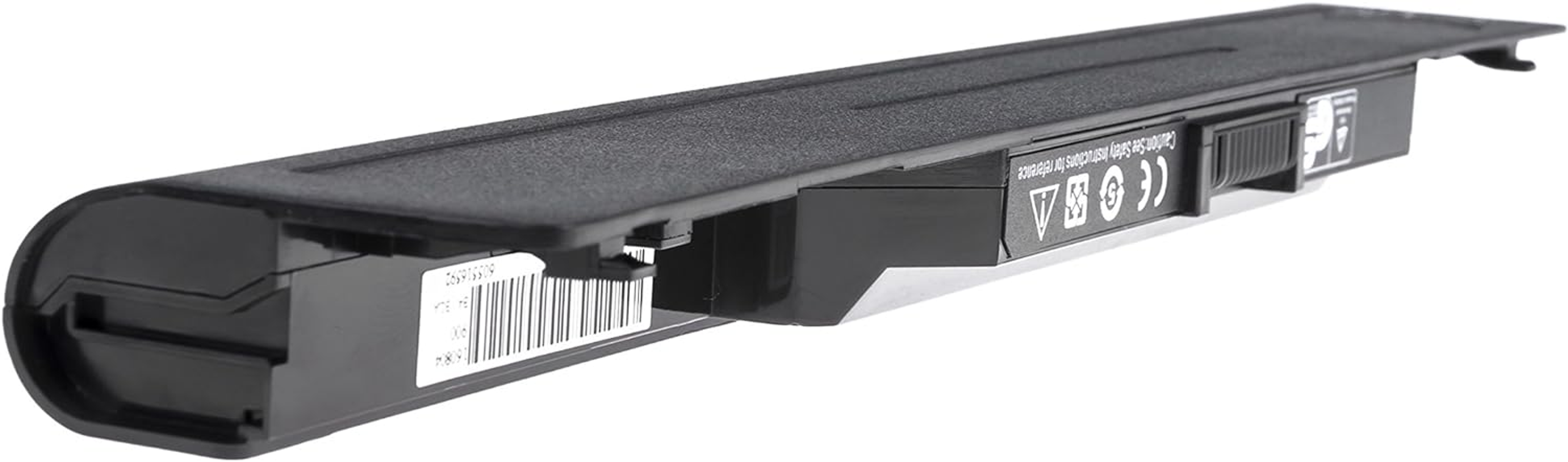 Schwarzer Laptop-Akku. Schwarzer Kunststoff mit Etikett und einigen sichtbaren Metallkontakten.