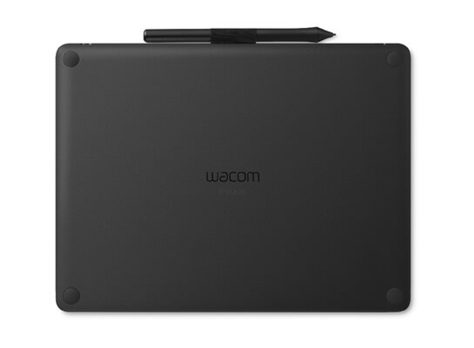 Tableta Wacom Intuos negra con lápiz negro sobre fondo blanco.
