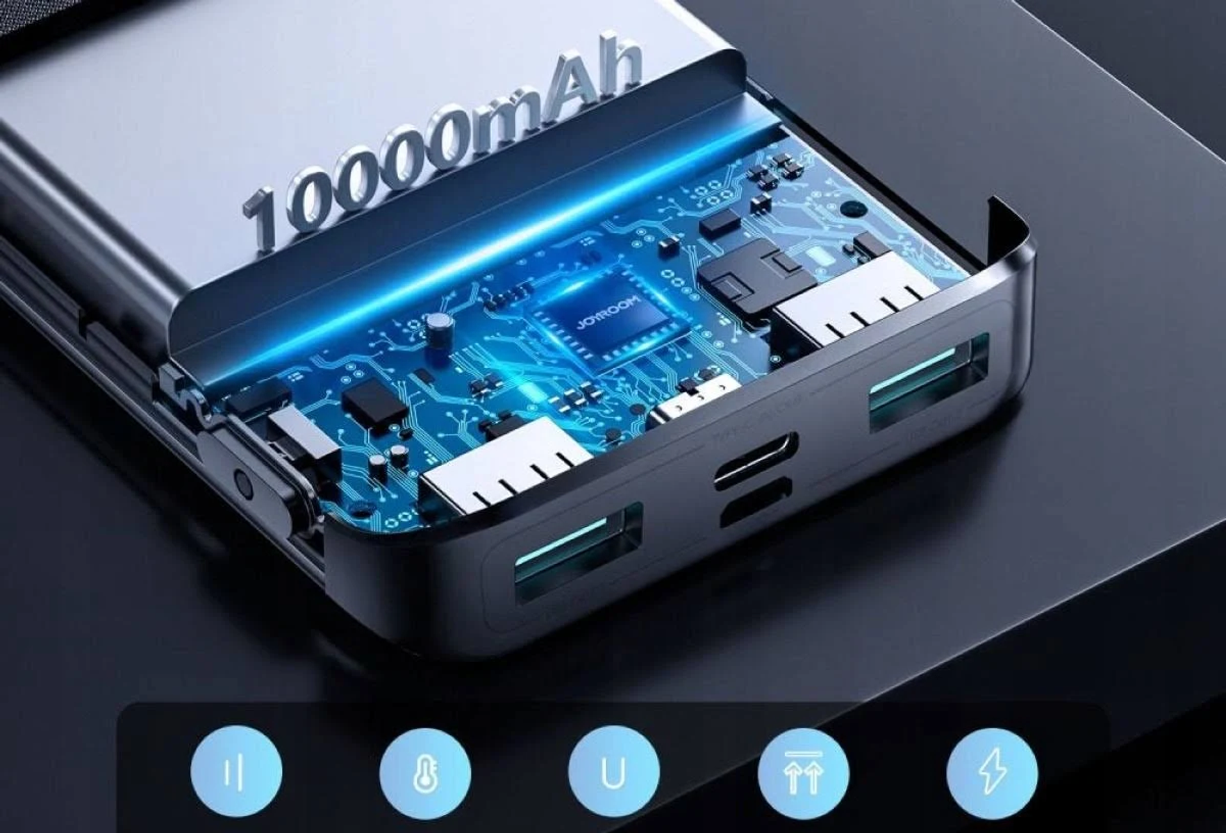 Power bank z otwartą obudową. Widoczna wewnętrzna płytka drukowana. Pojemność 10000mAh.