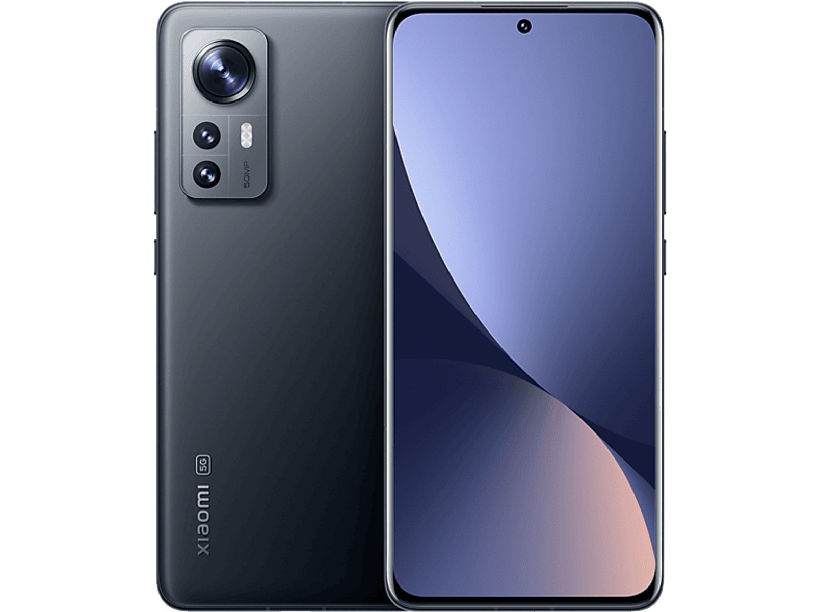 Ein schwarzes und graues Smartphone. Auf der Rückseite befindet sich eine Dreifachkamera.