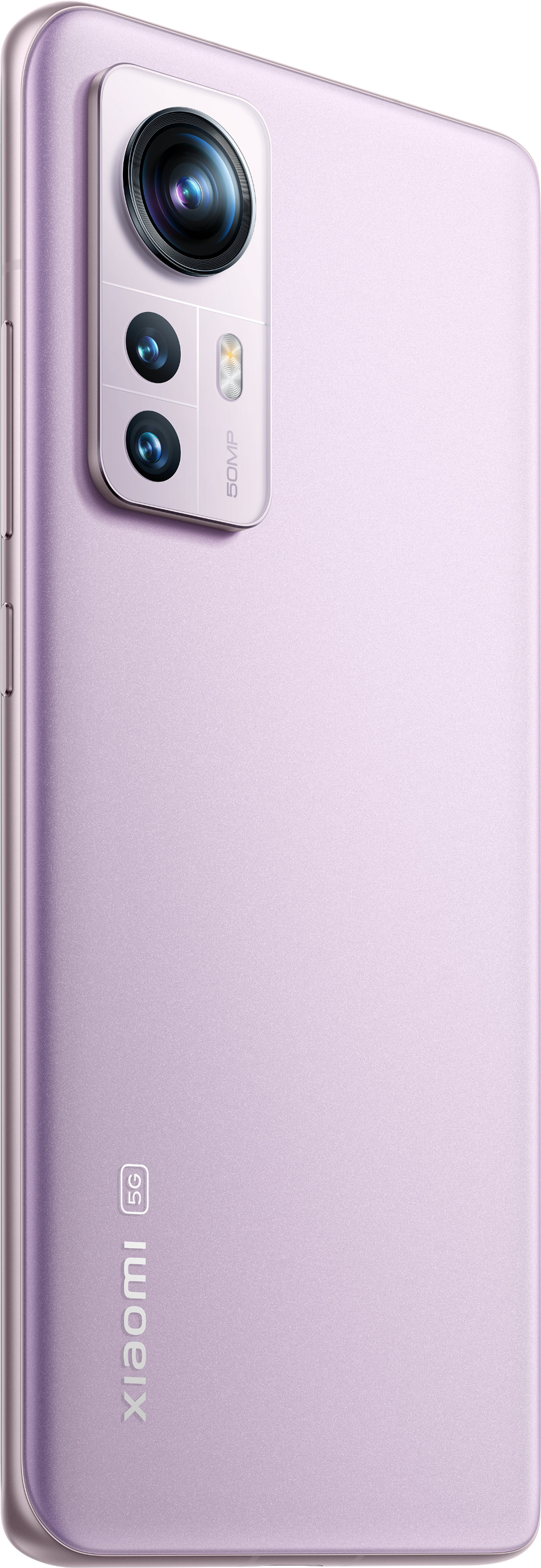 Liliowy smartfon, widok z tyłu, z trzema obiektywami aparatu.