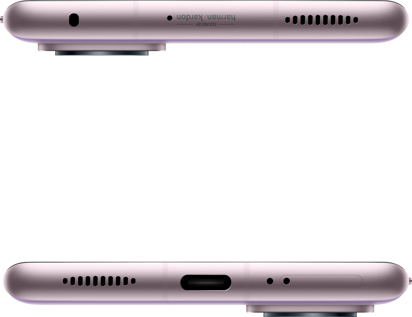 Zbliżenie dolnej i górnej krawędzi różowego telefonu. Widoczne głośniki i port ładowania.