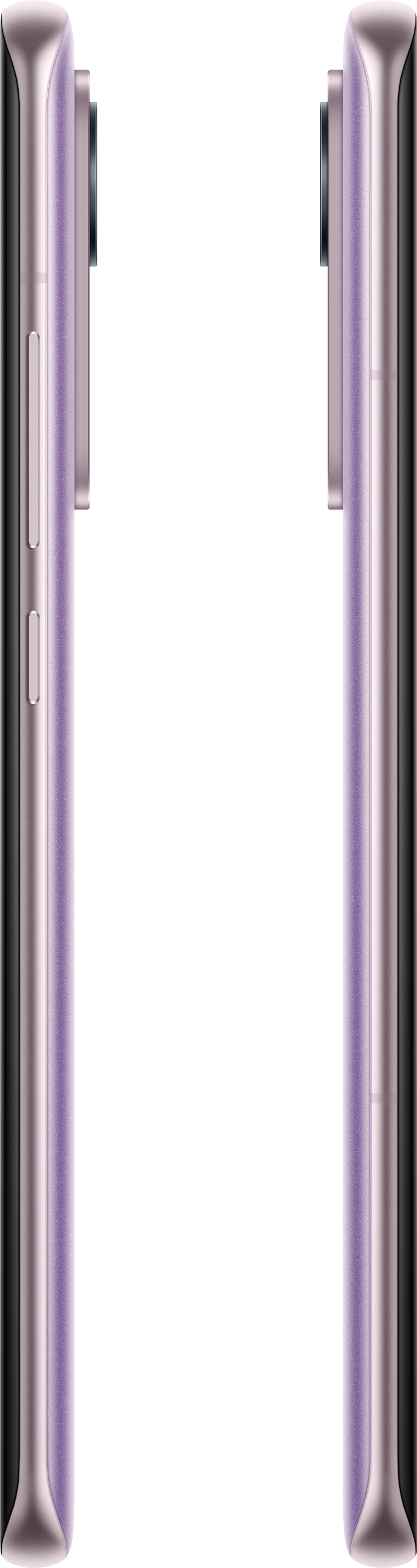 Dwa widoki boczne fioletowego smartfona, pokazujące przyciski boczne i moduł aparatu.