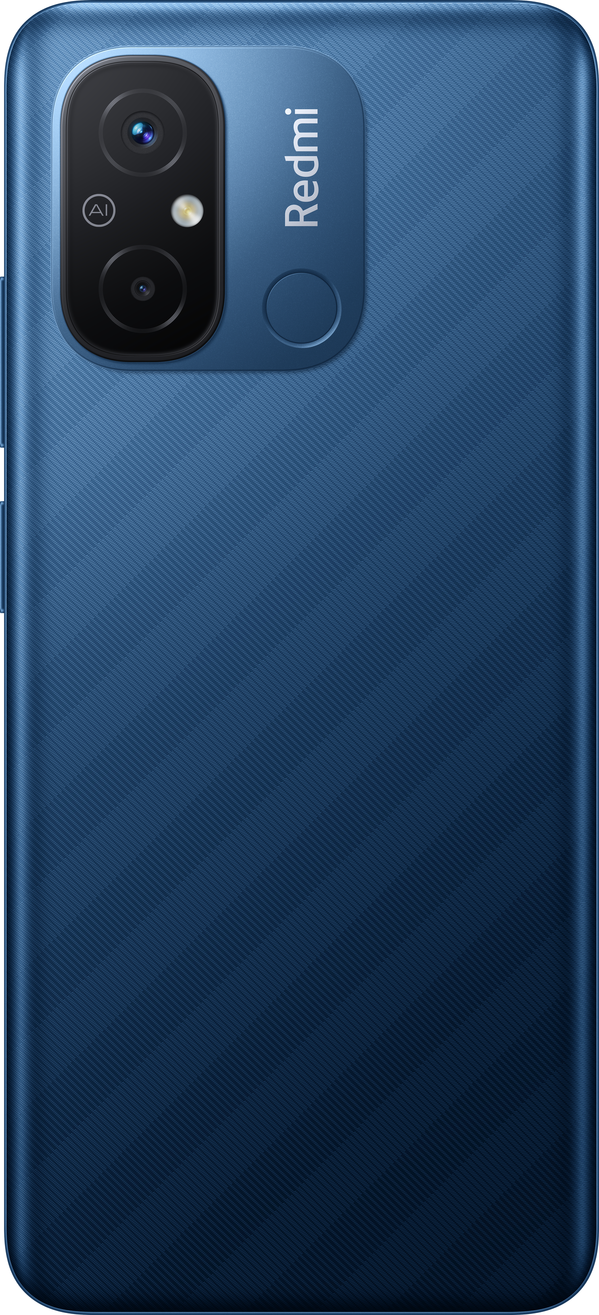 Blaue Redmi-Telefonrückseite mit Dual-Kameras, Fingerabdrucksensor und strukturiertem Muster.