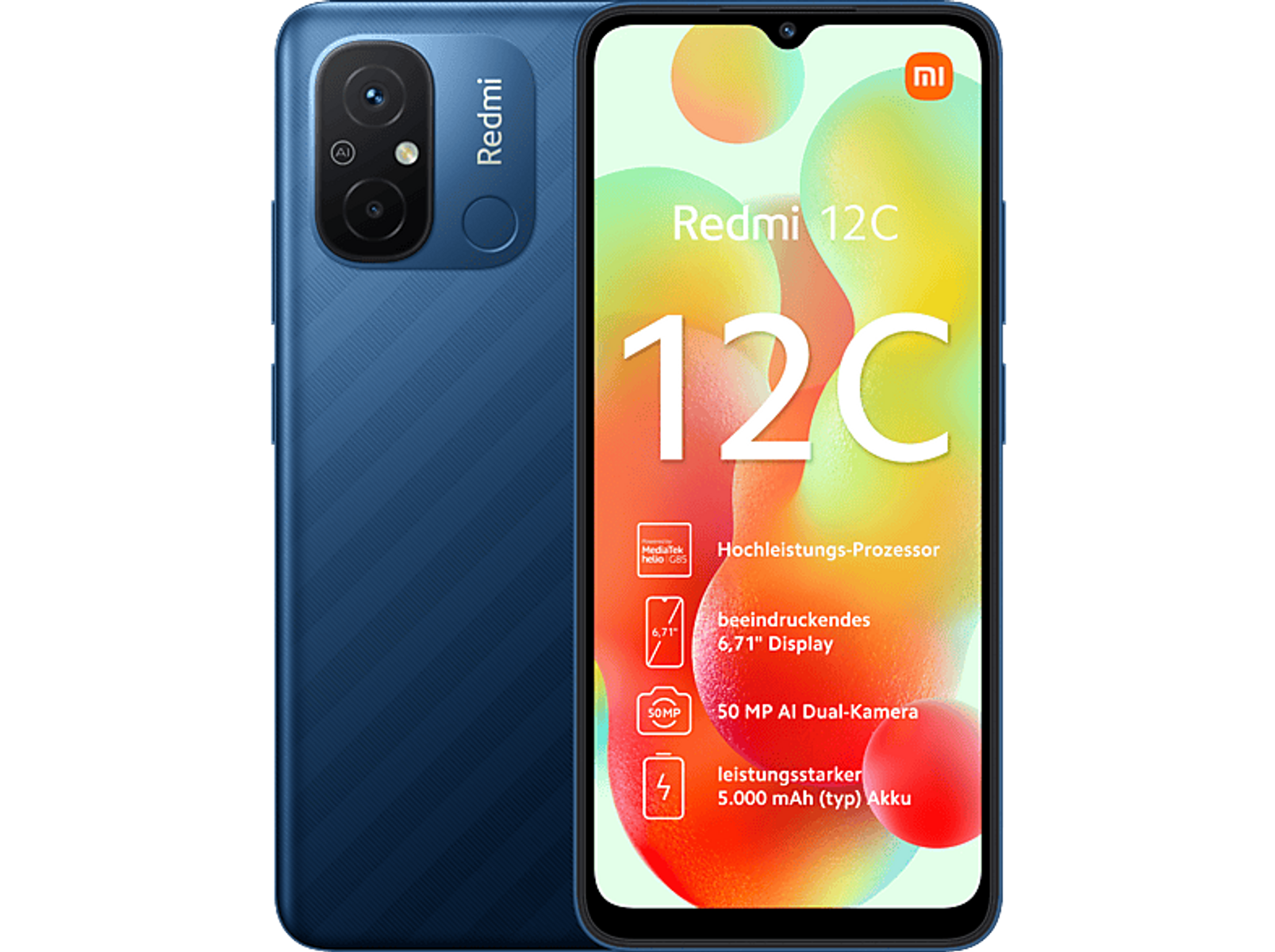 Blaues Redmi 12C Smartphone mit Dual-Kameras und Details auf Display und Rückseite.