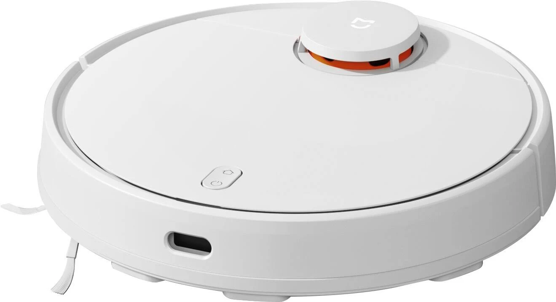 Aspiradora robótica blanca. El dispositivo circular tiene botones y un parachoques.