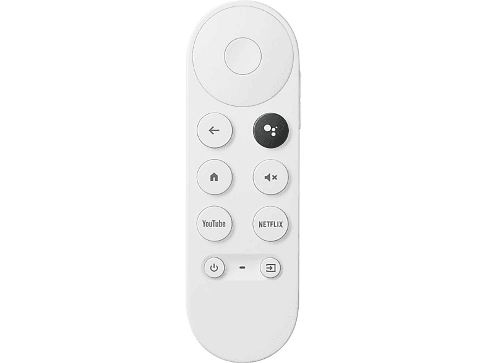 Weiße Fernbedienung mit Tasten für YouTube, Netflix und Strom.