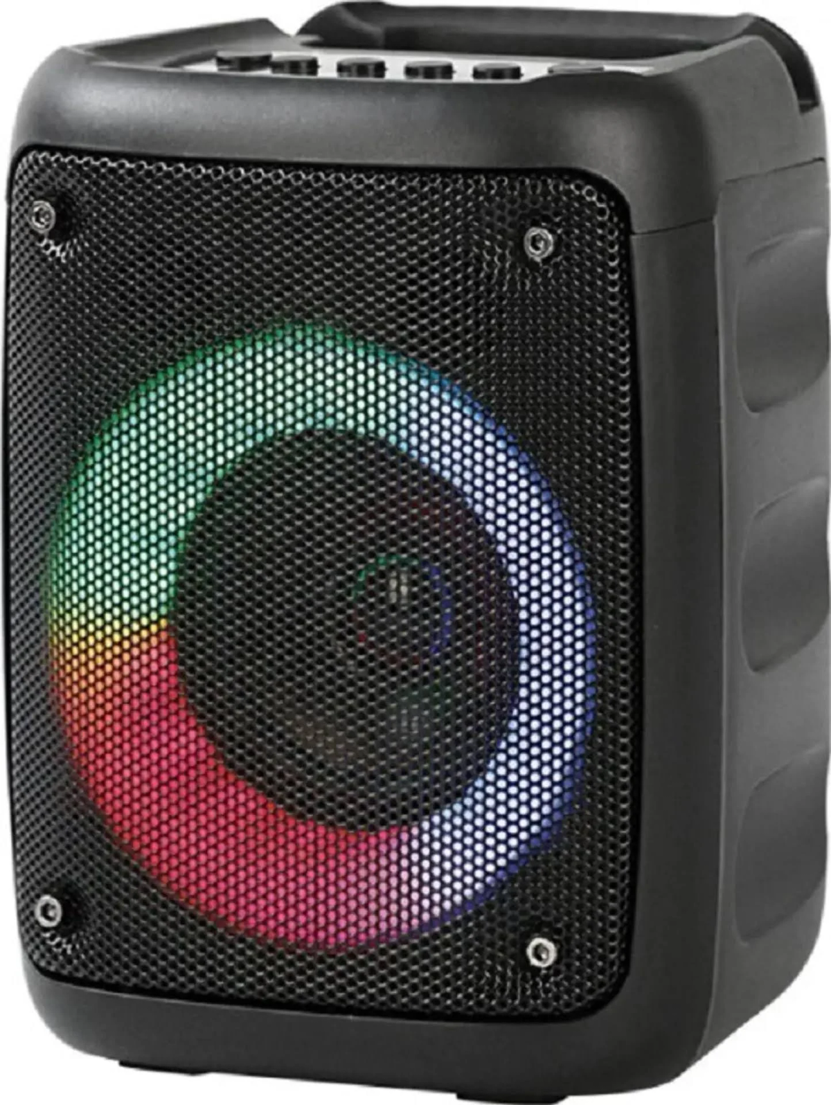 Altoparlante quadrato nero con frontale a rete, cerchio arcobaleno luminoso e pulsanti.
