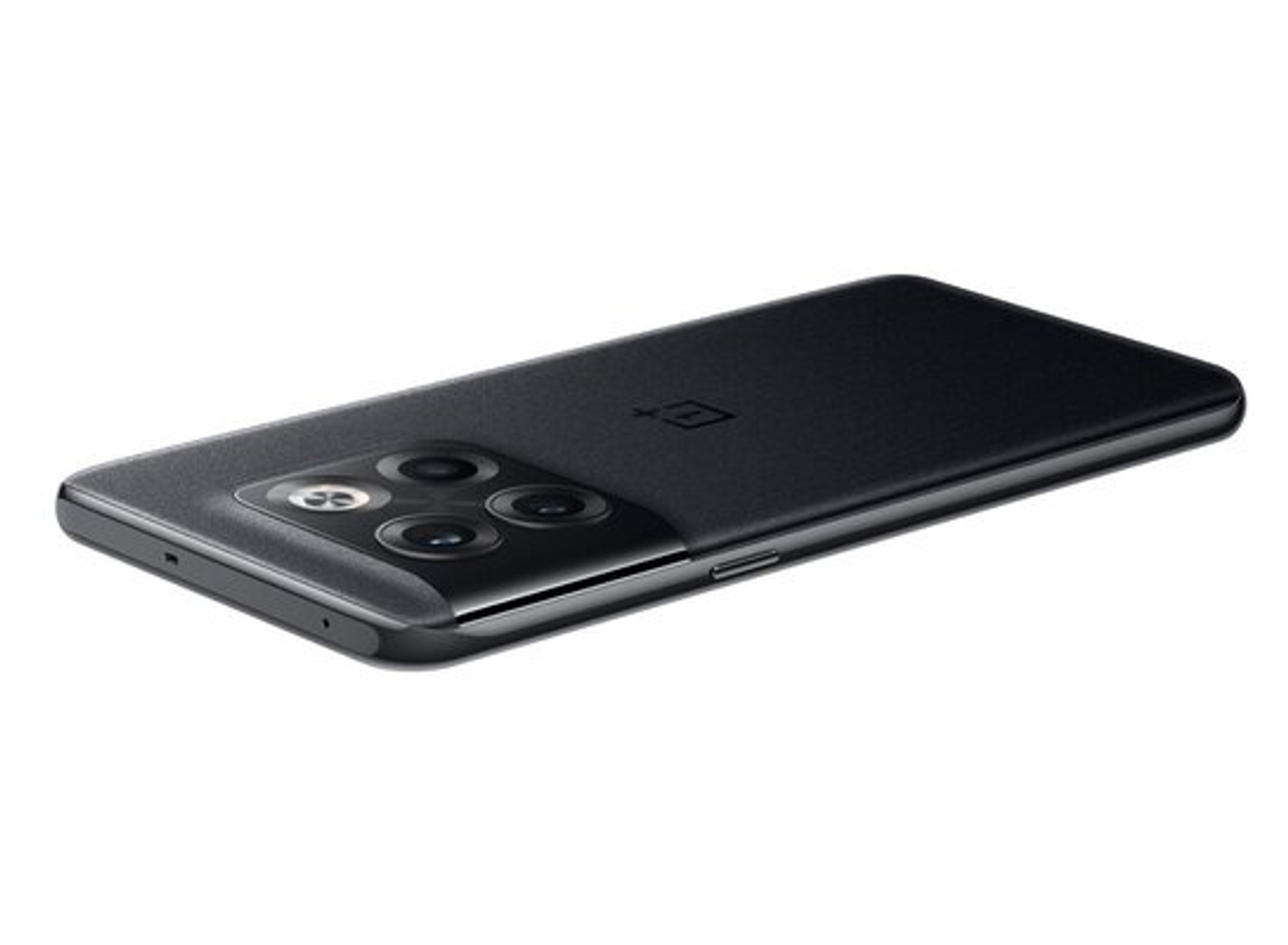 A black smartphone with a textured back and a multi-lens camera array. One Plus brand.