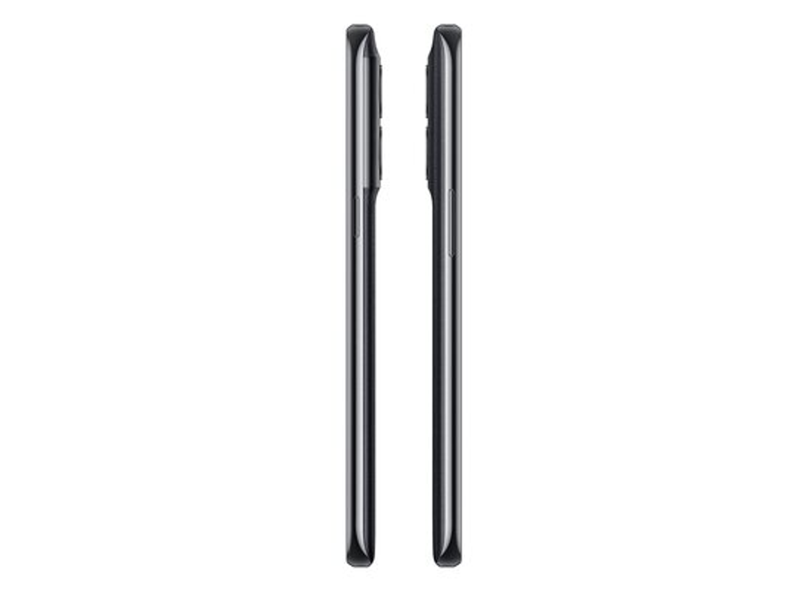 Two black smartphones, side view. Both phones are thin and sleek in design.