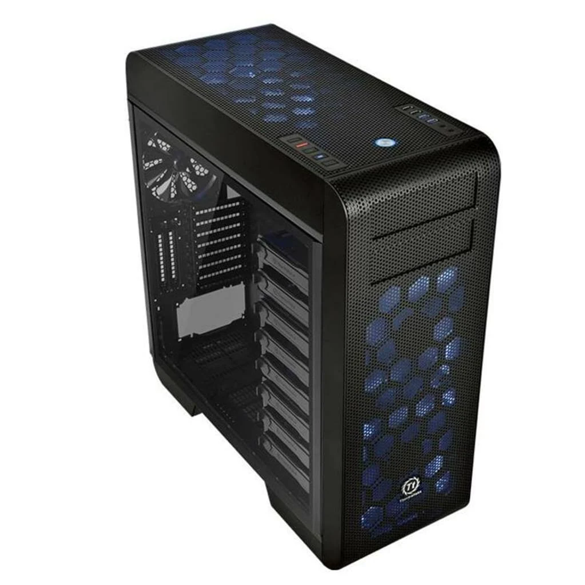 Case per computer nero con frontale a rete. Il pannello laterale mostra i componenti interni.