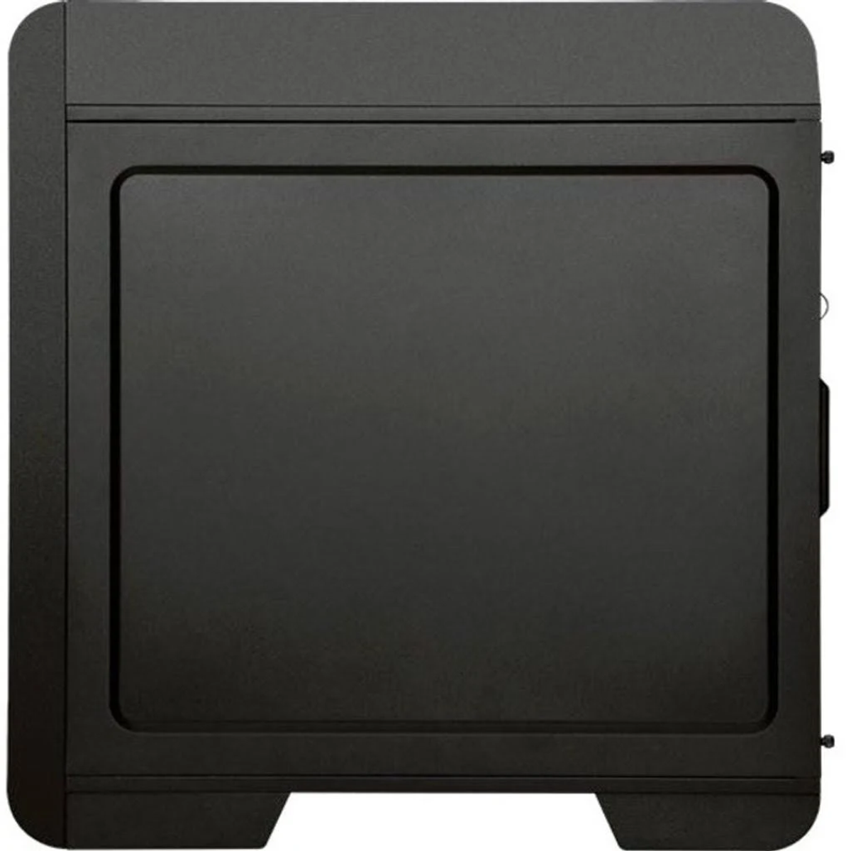 Un pannello laterale nero del case del computer, con un design rettangolare.