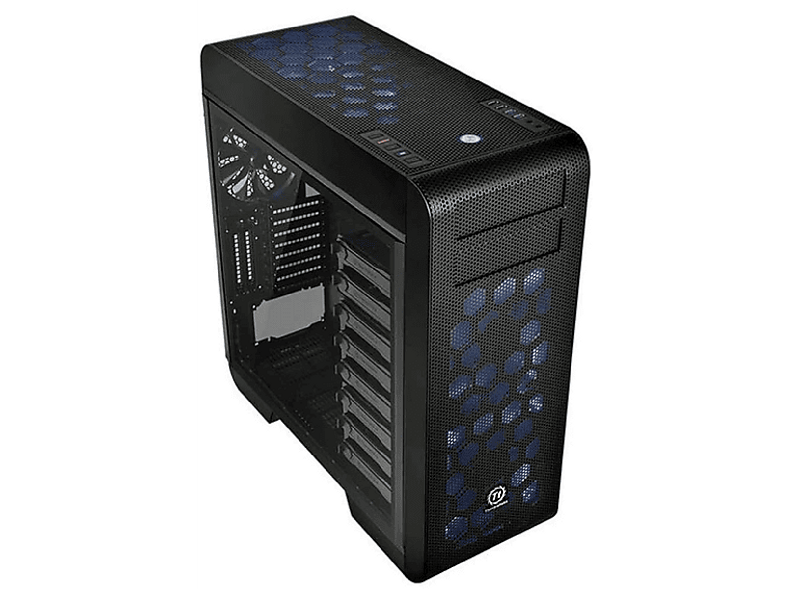 Un case per computer nero con pannello laterale in vetro, con design a nido d'ape e illuminazione blu.