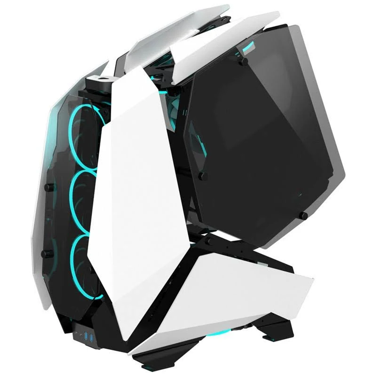Weiß-schwarzes Gaming-PC-Gehäuse mit blauen LED-Leuchten und Glasplatten.