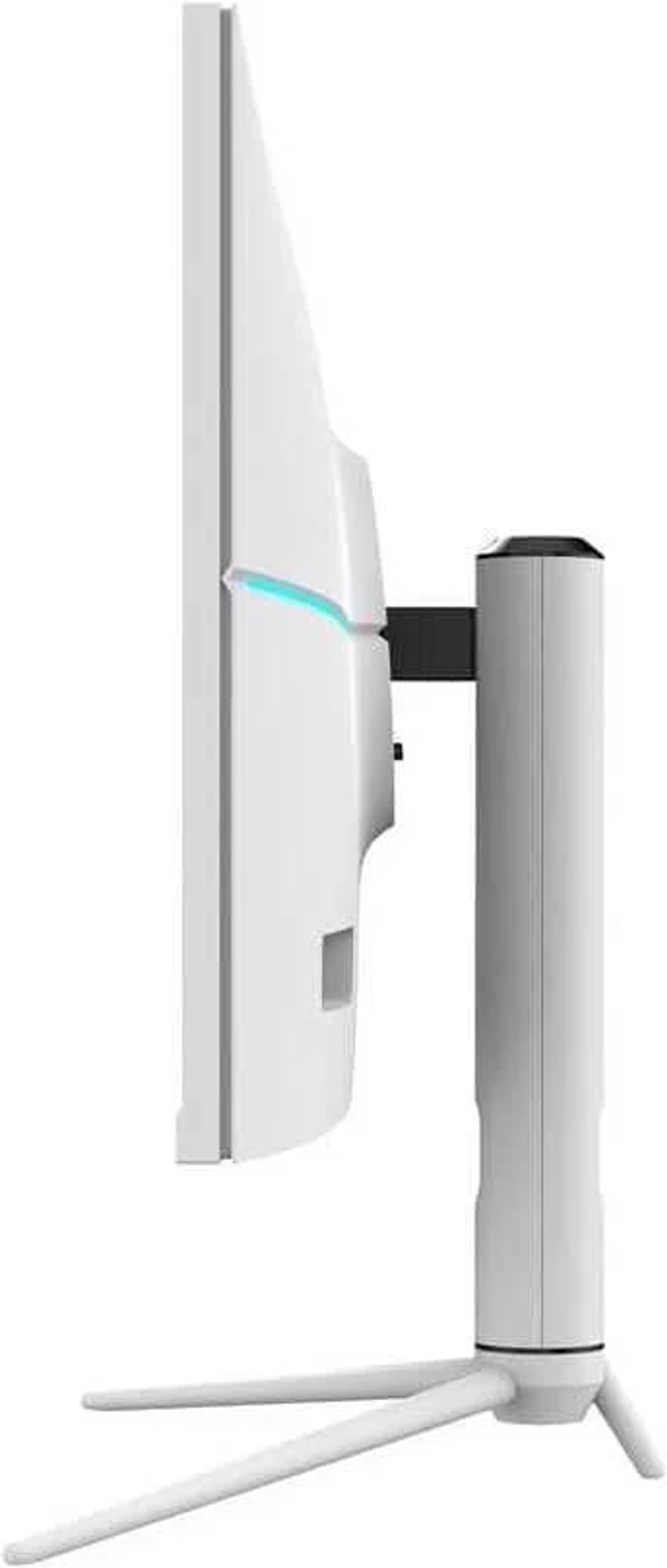 Biały monitor, widok z boku, z cienką ramką, podstawką i małym niebieskim światłem.