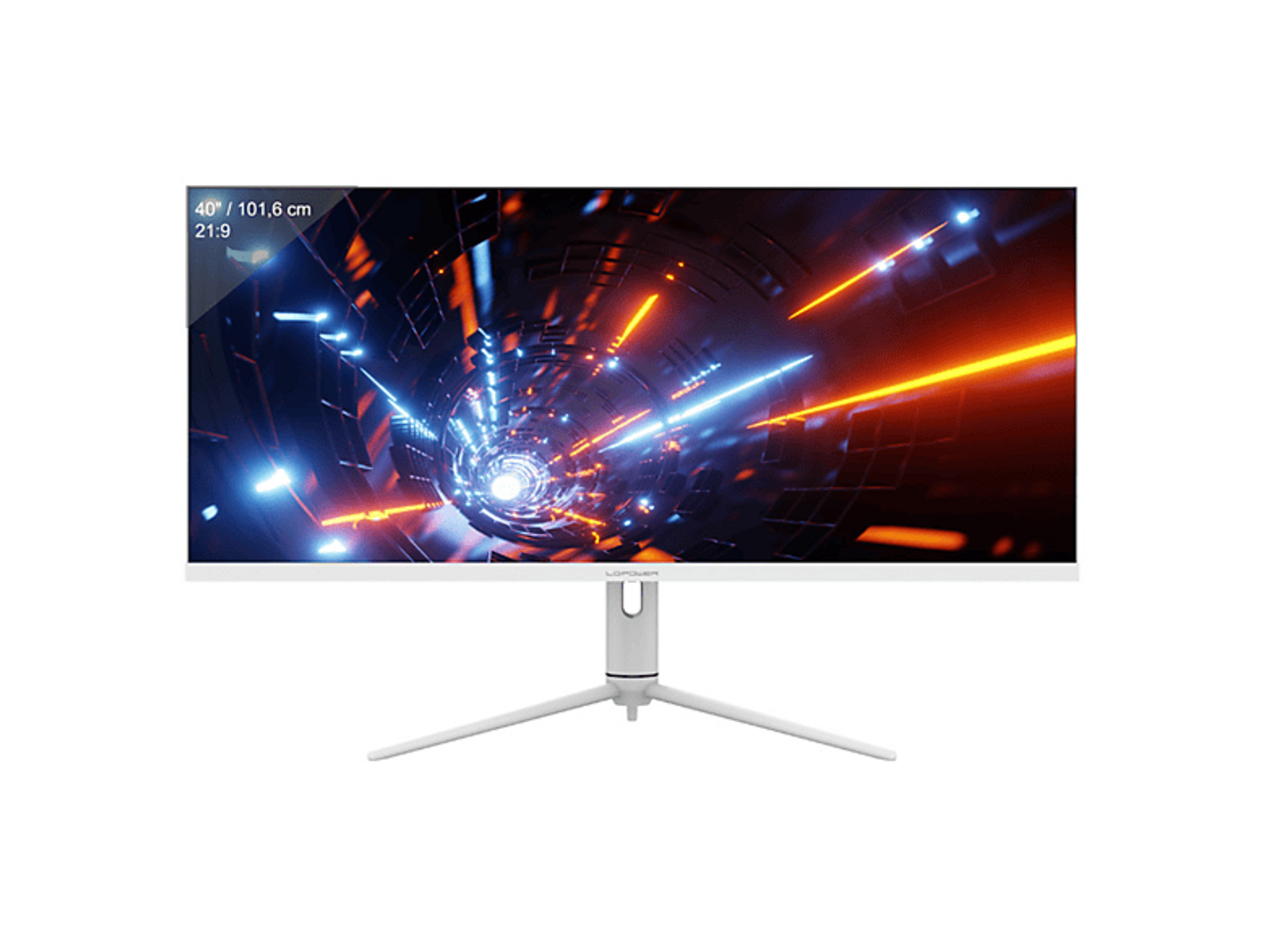 Biały monitor komputera z zakrzywionym ekranem, wyświetlający kolorowy tunel cyfrowy.