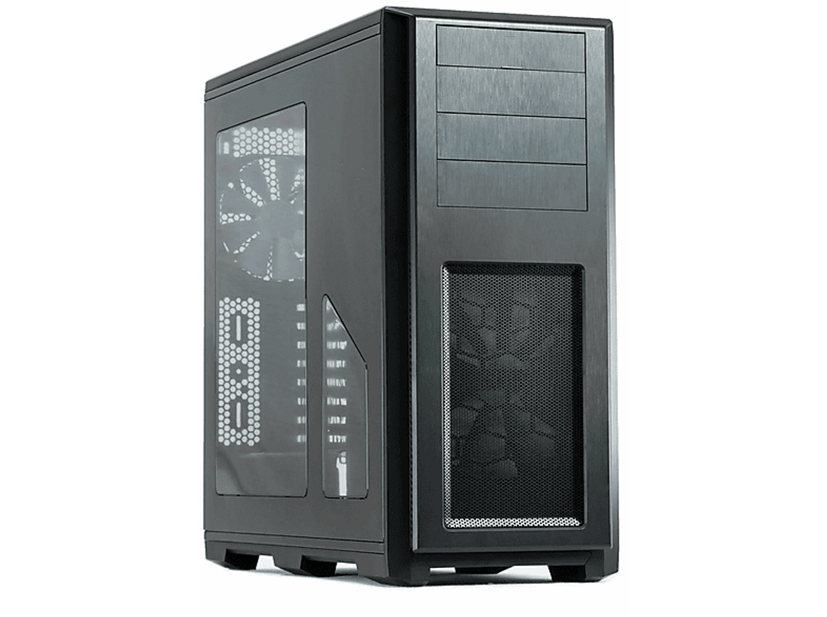 Boîtier d'ordinateur noir avec panneau latéral transparent, ventilateur visible et façade en mesh.