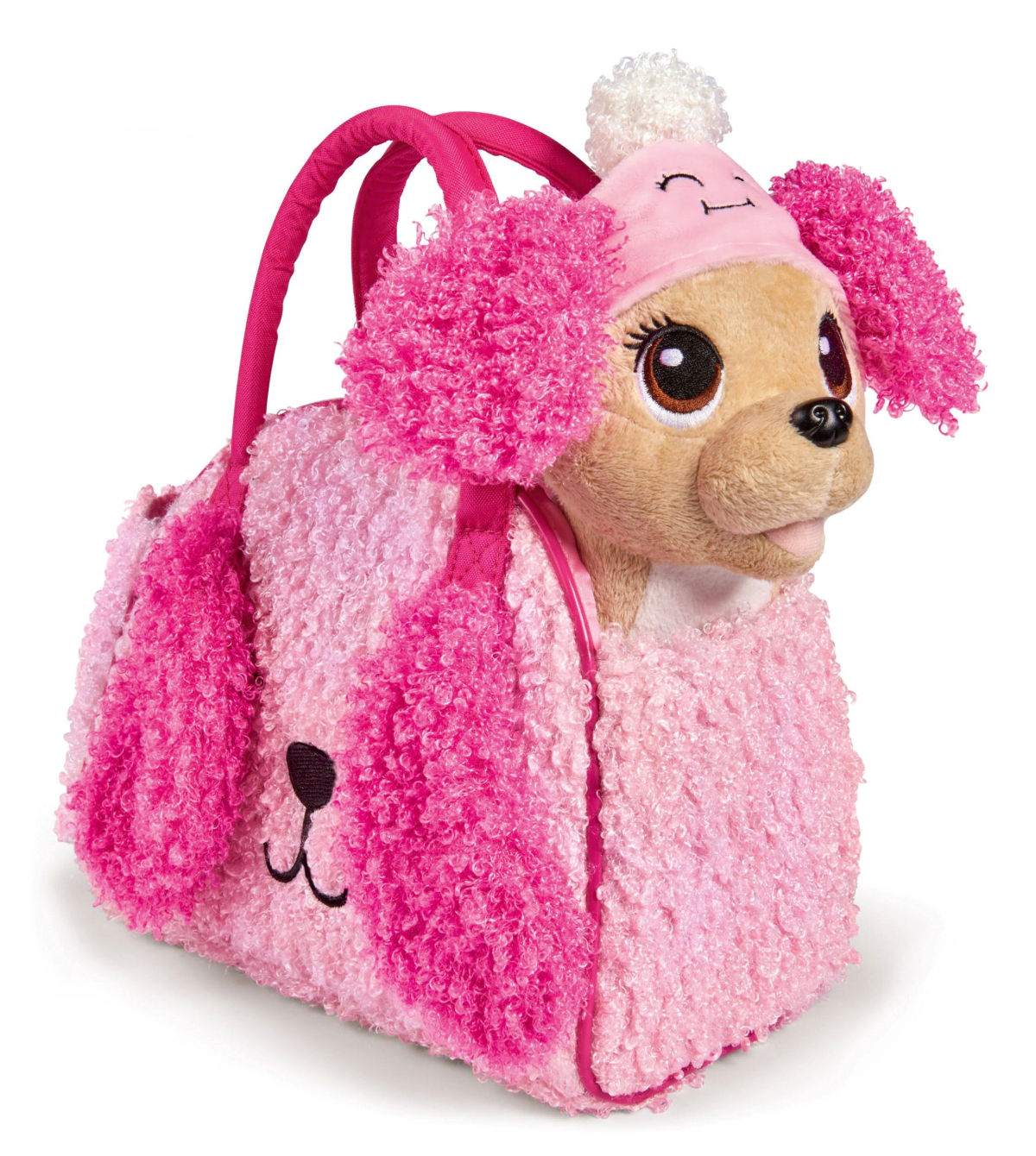 Peluche rosa con forma de perro en una bolsa de transporte a juego, con cara sonriente y sombrero.