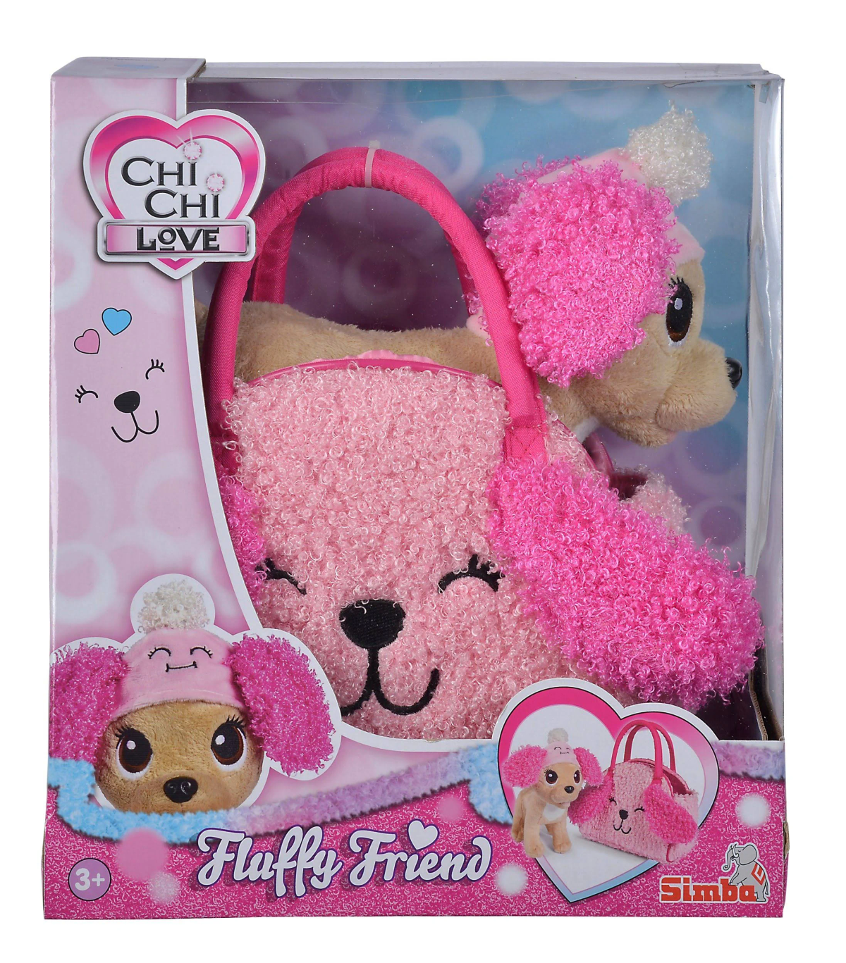 Perro de peluche rosa en un bolso rosa en una caja. El bolso tiene un diseño de cara de perro. Dice 'Fluffy Friend'.