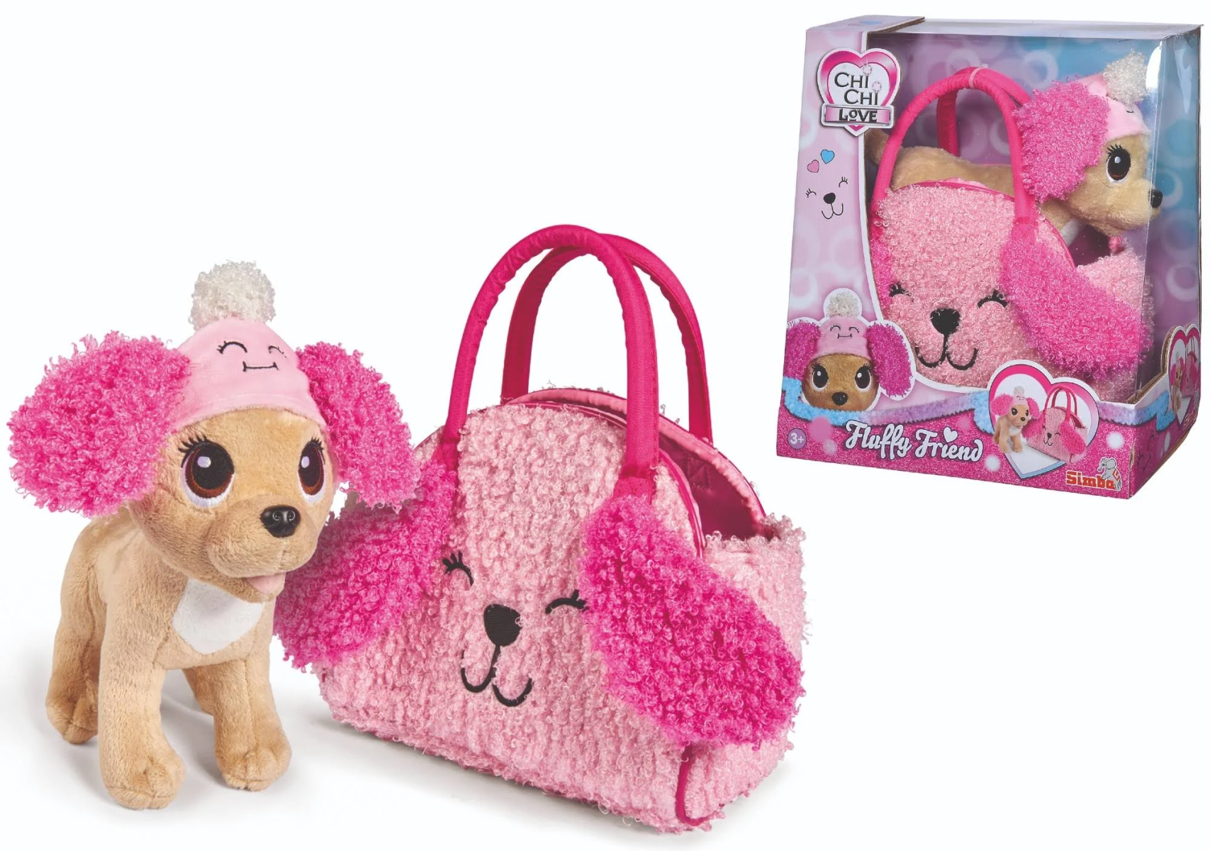 Peluche de perro Chi Chi Love rosa con bolso y caja. El perro lleva un sombrero rosa.