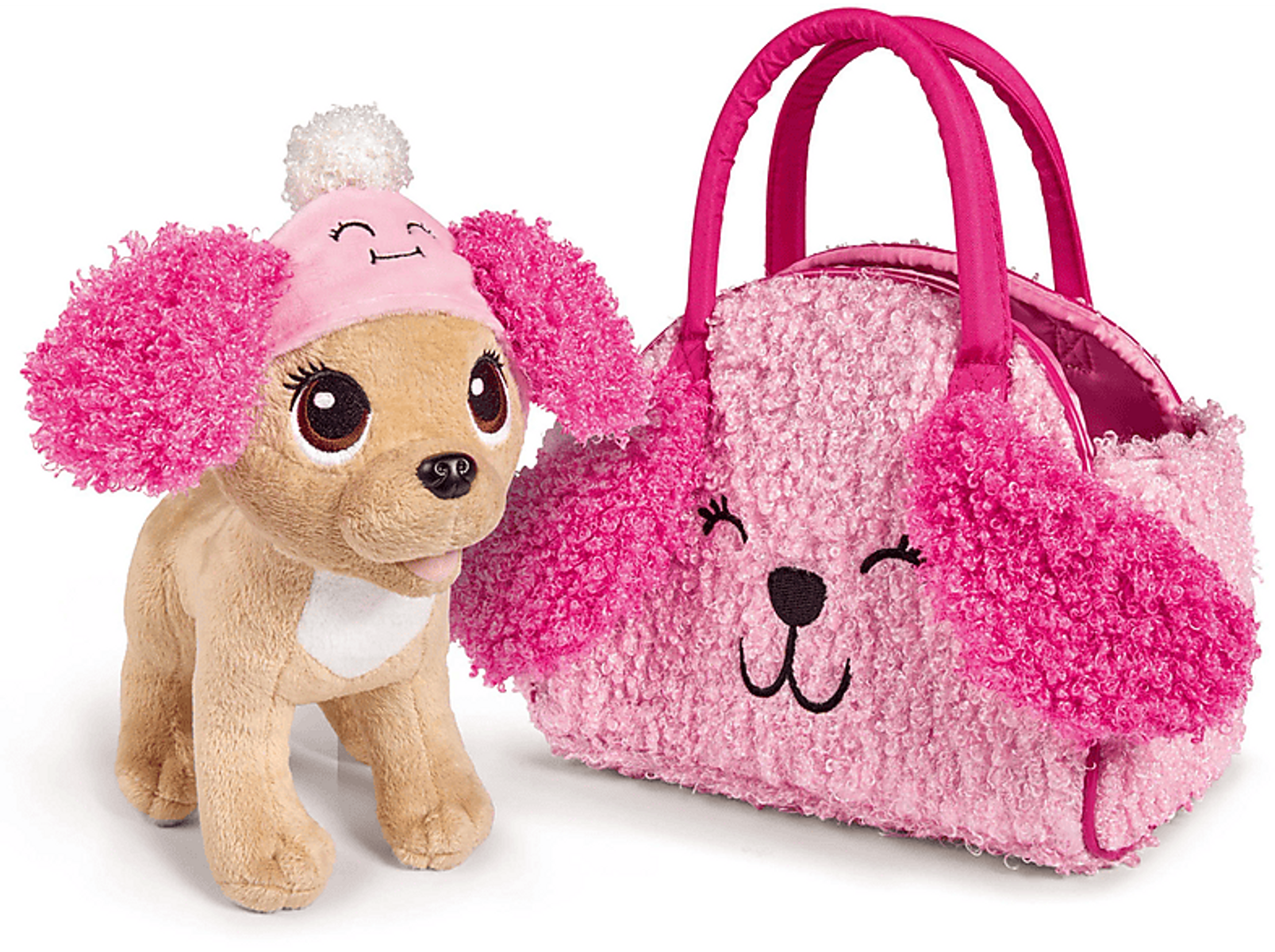 Perro de peluche y bolso rosa a juego. Perro con sombrero, orejas y bolso rosas. Fondo blanco.