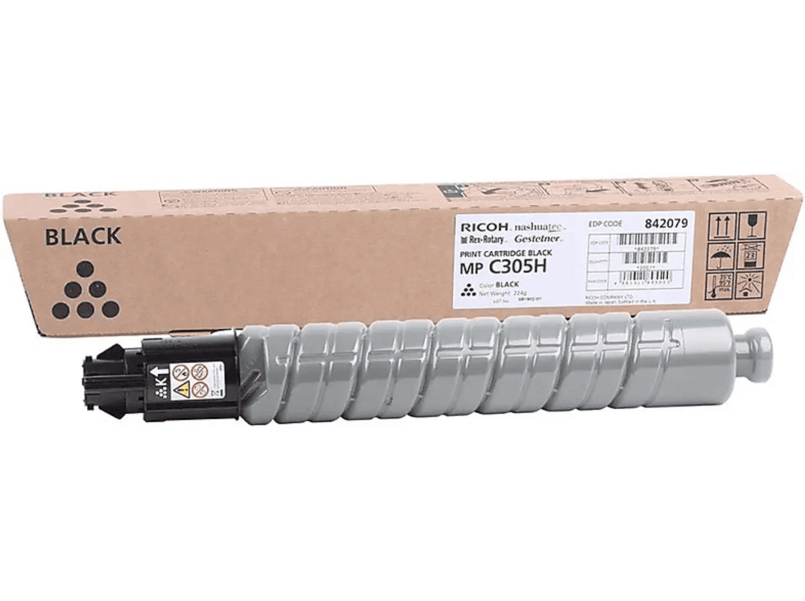 Scatola e cartuccia toner Ricoh neri. Testo e dettagli sulla scatola. Sfondo bianco.