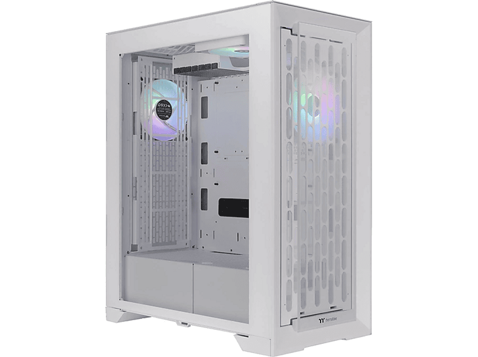 Biała obudowa komputera, otwarta strona. Widoczne komponenty wewnętrzne. Wentylator ze światłami. Perforowany panel boczny.