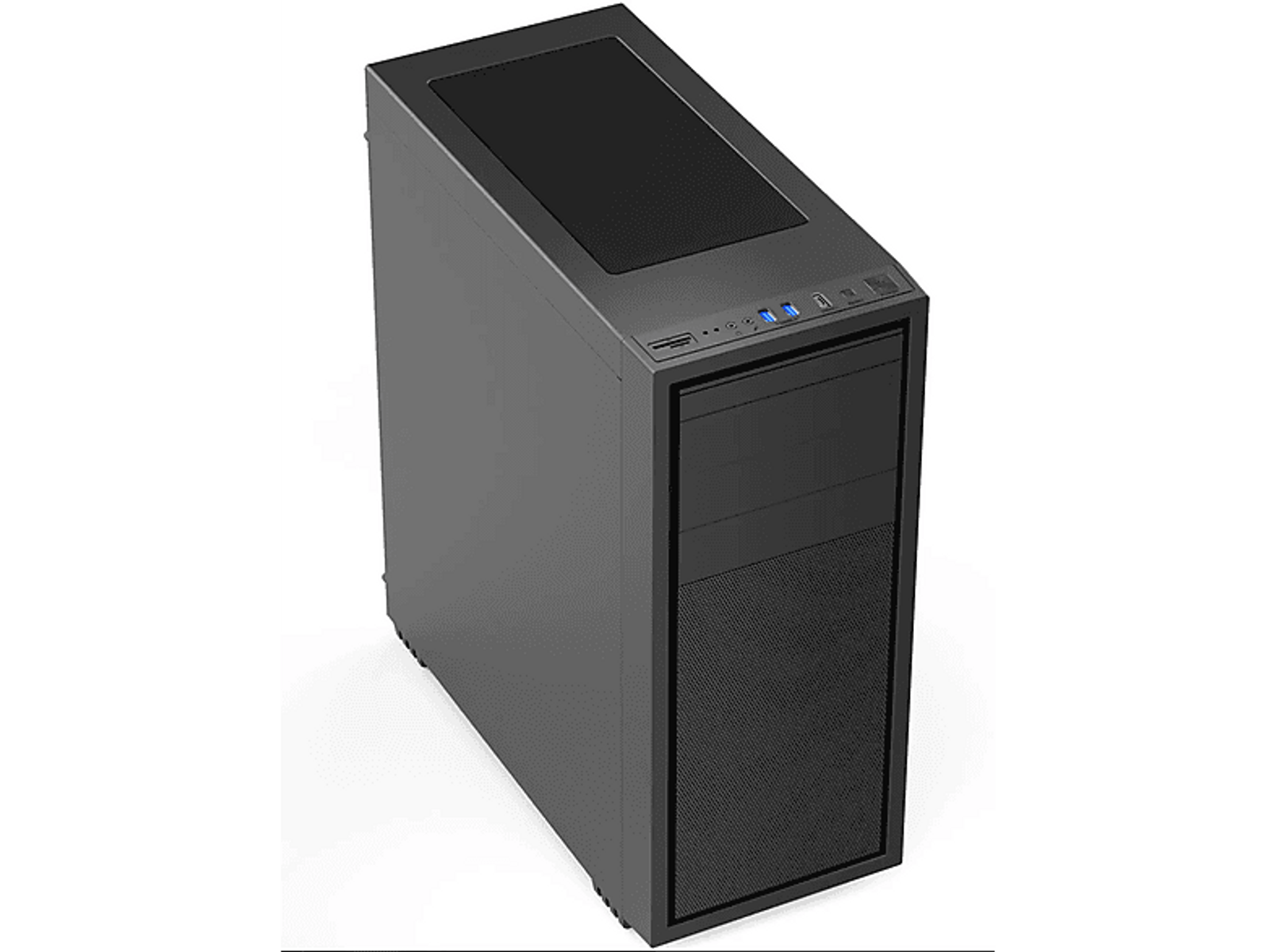 Schwarzes Computergehäuse mit oberer Lüftung, kleinen Knöpfen und einem schlanken, minimalistischen Design.