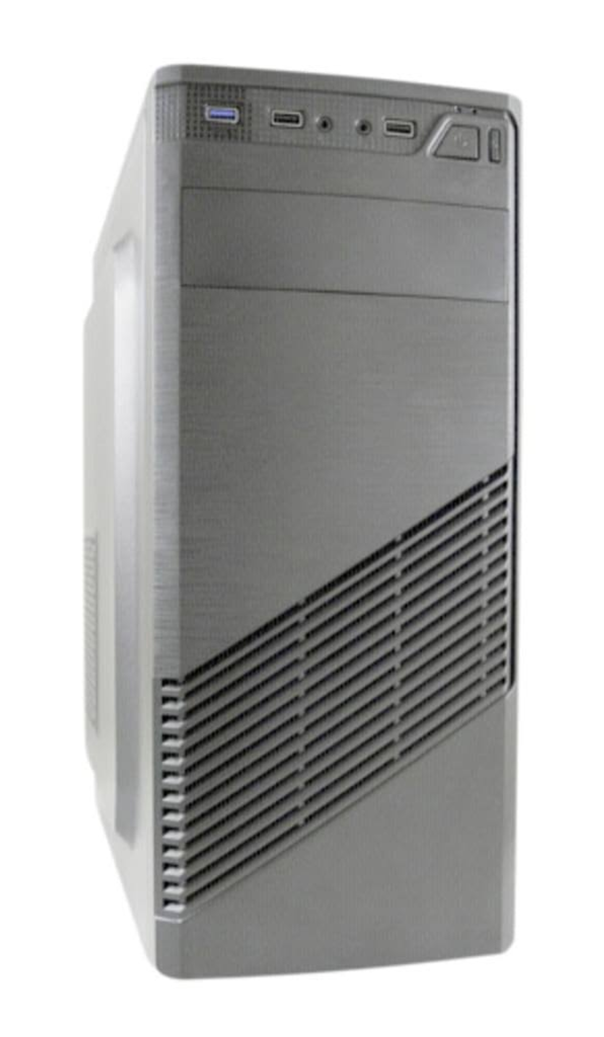 Szara obudowa komputera z ukośnym wzorem wentylacji i kilkoma portami na górze.
