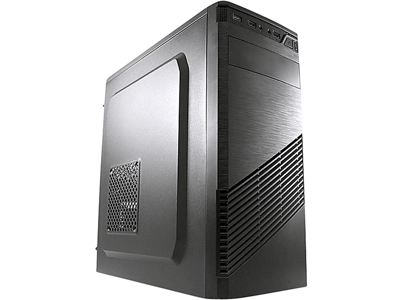 Czarna obudowa komputera z bocznym otworem wentylacyjnym i portami z przodu.