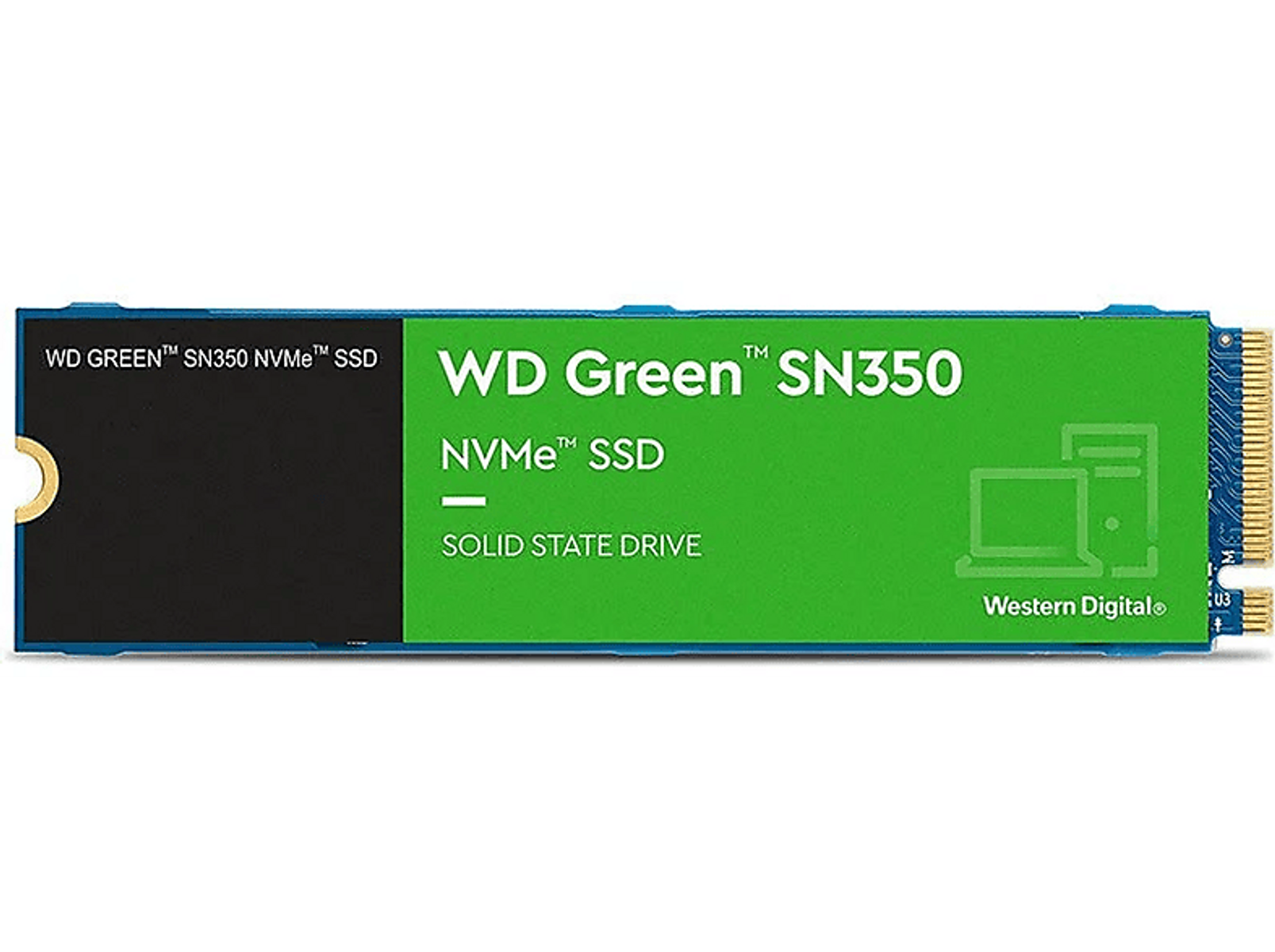Dysk SSD NVMe WD Green SN350. Zielono-niebieska kolorystyka z WD Green i innymi informacjami. Białe tło.