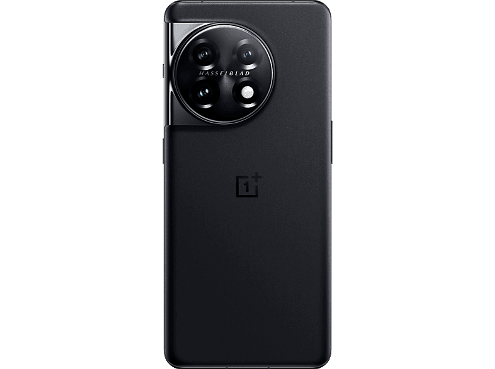 Vue arrière du smartphone noir avec ensemble de caméras et logo Hasselblad sur fond noir.