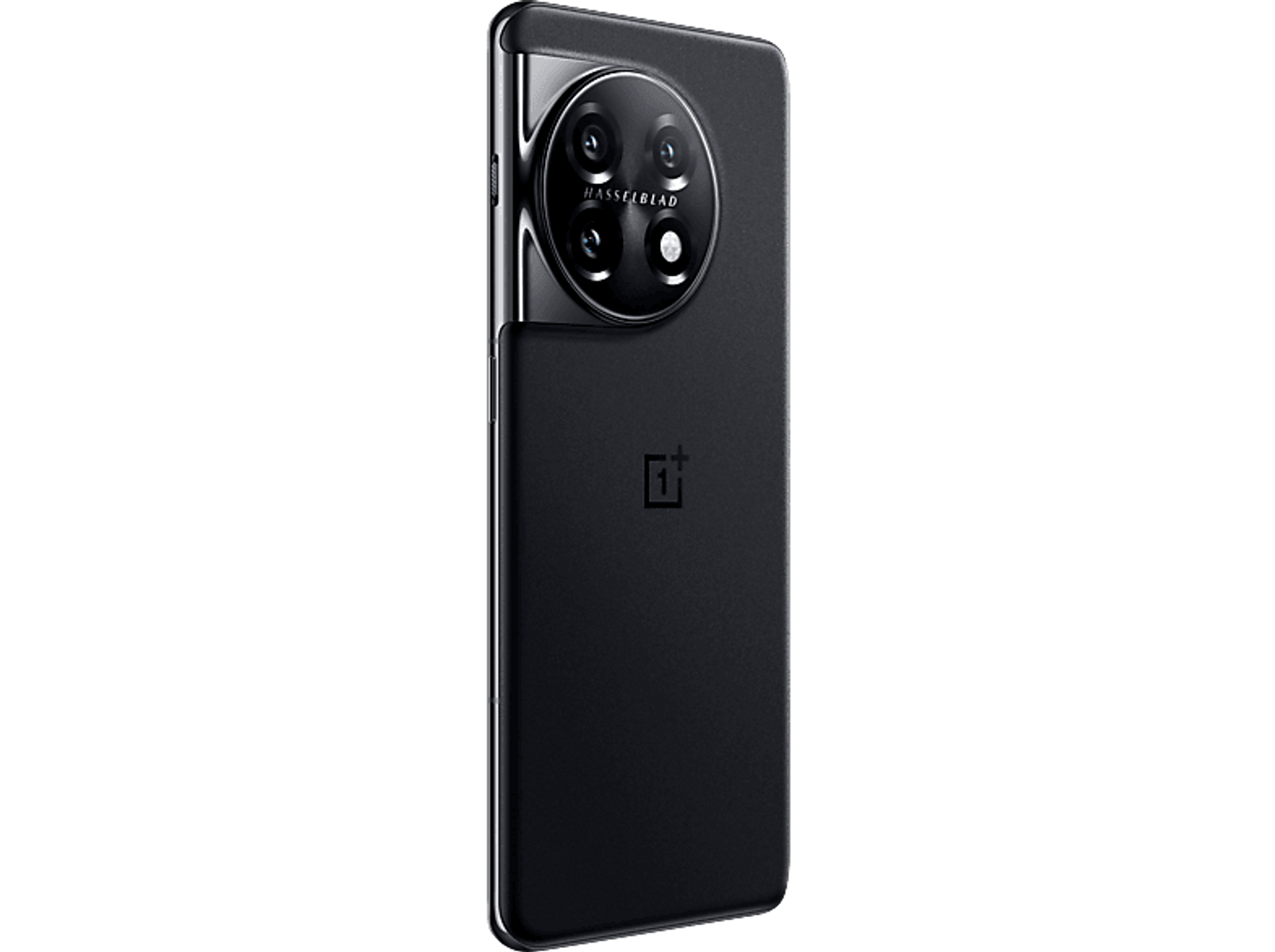Vue arrière d'un smartphone noir avec appareil photo Hasselblad, sur fond noir.