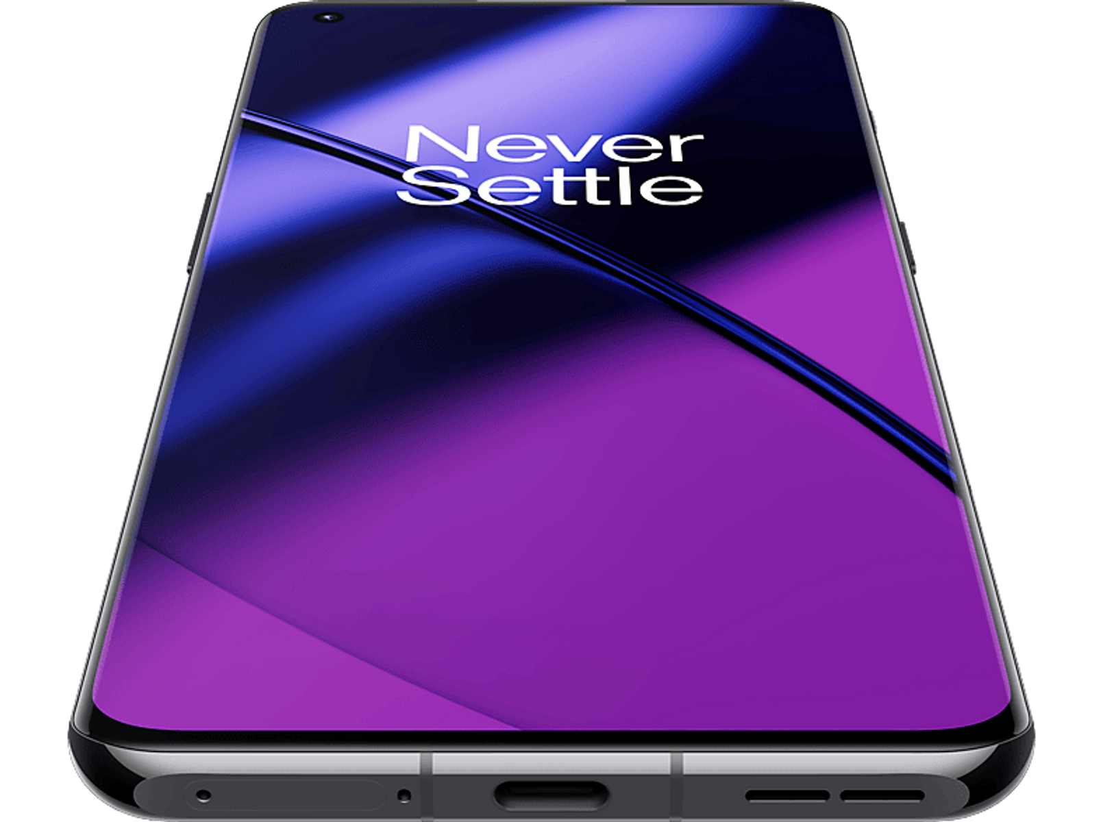 Téléphone noir. Texte 'Never Settle' sur l'écran. Dégradé violet et bleu. Fond noir.