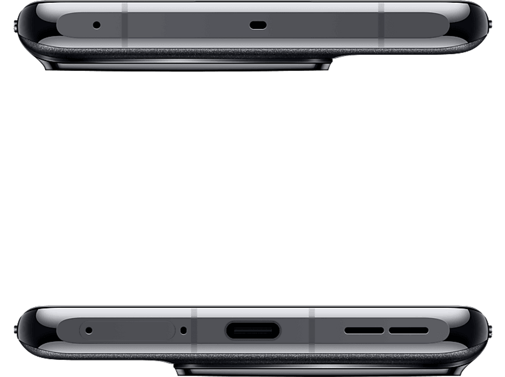Deux bords de téléphone, haut et bas, révélant ports et détails sur fond noir.