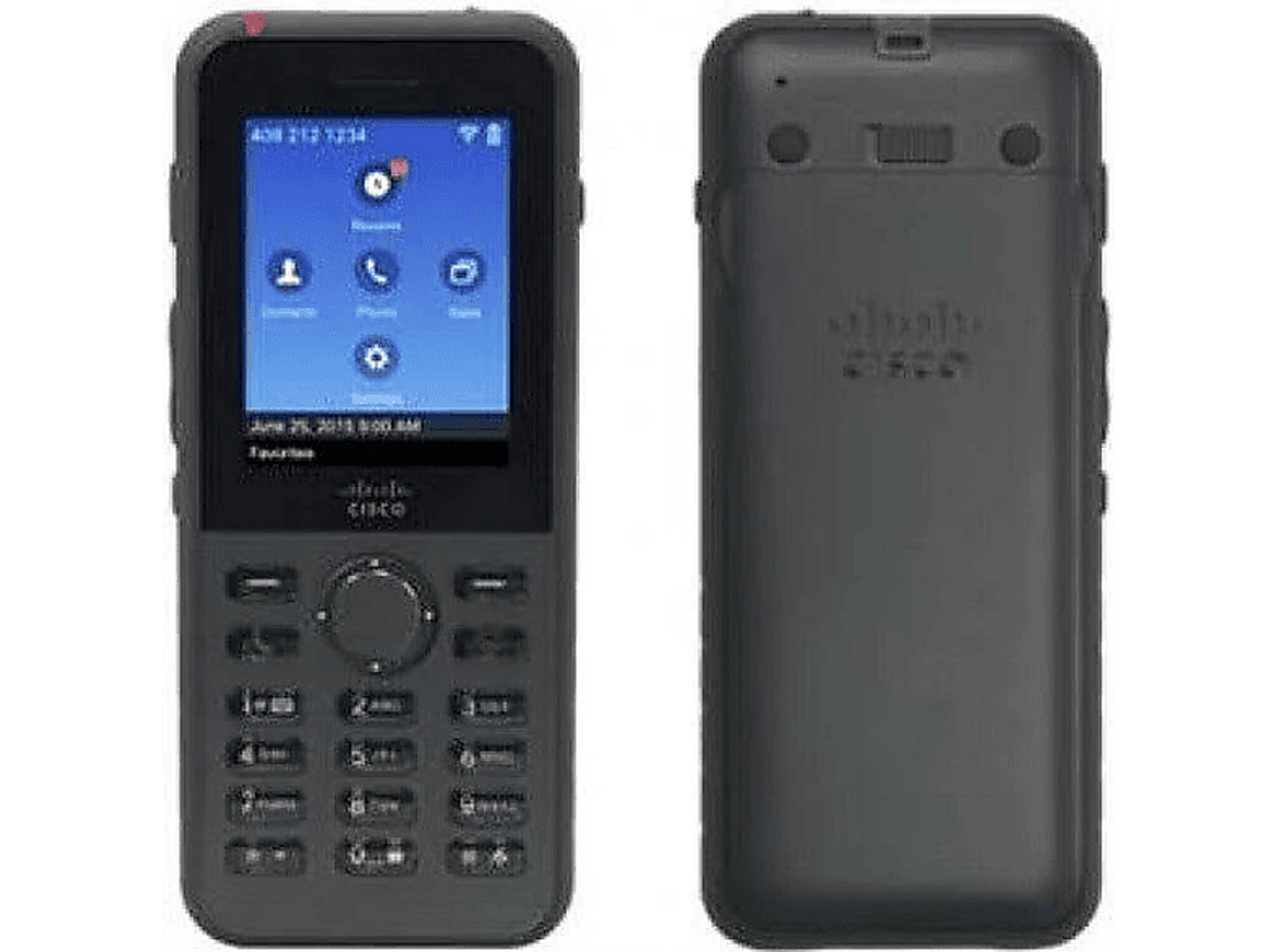 Telefono Cisco nero. Vista frontale con schermo e pulsanti.