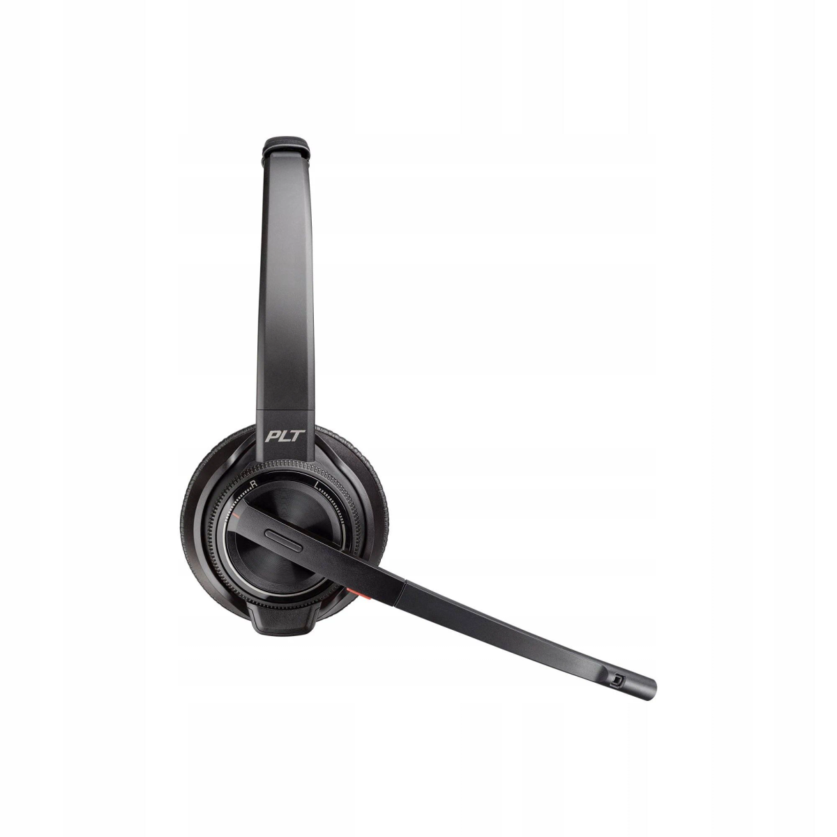Ein schwarzes Plantronics-Headset mit Mikrofon und einem Steuerrad an der Seite.