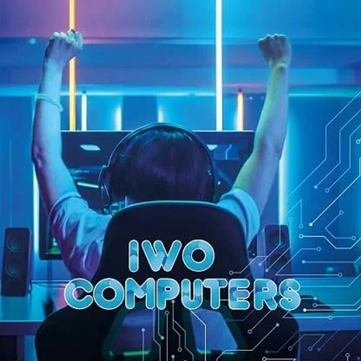 Person vor Computer mit erhobenen Armen, jubelnd. Der Text 'IWO COMPUTERS'.
