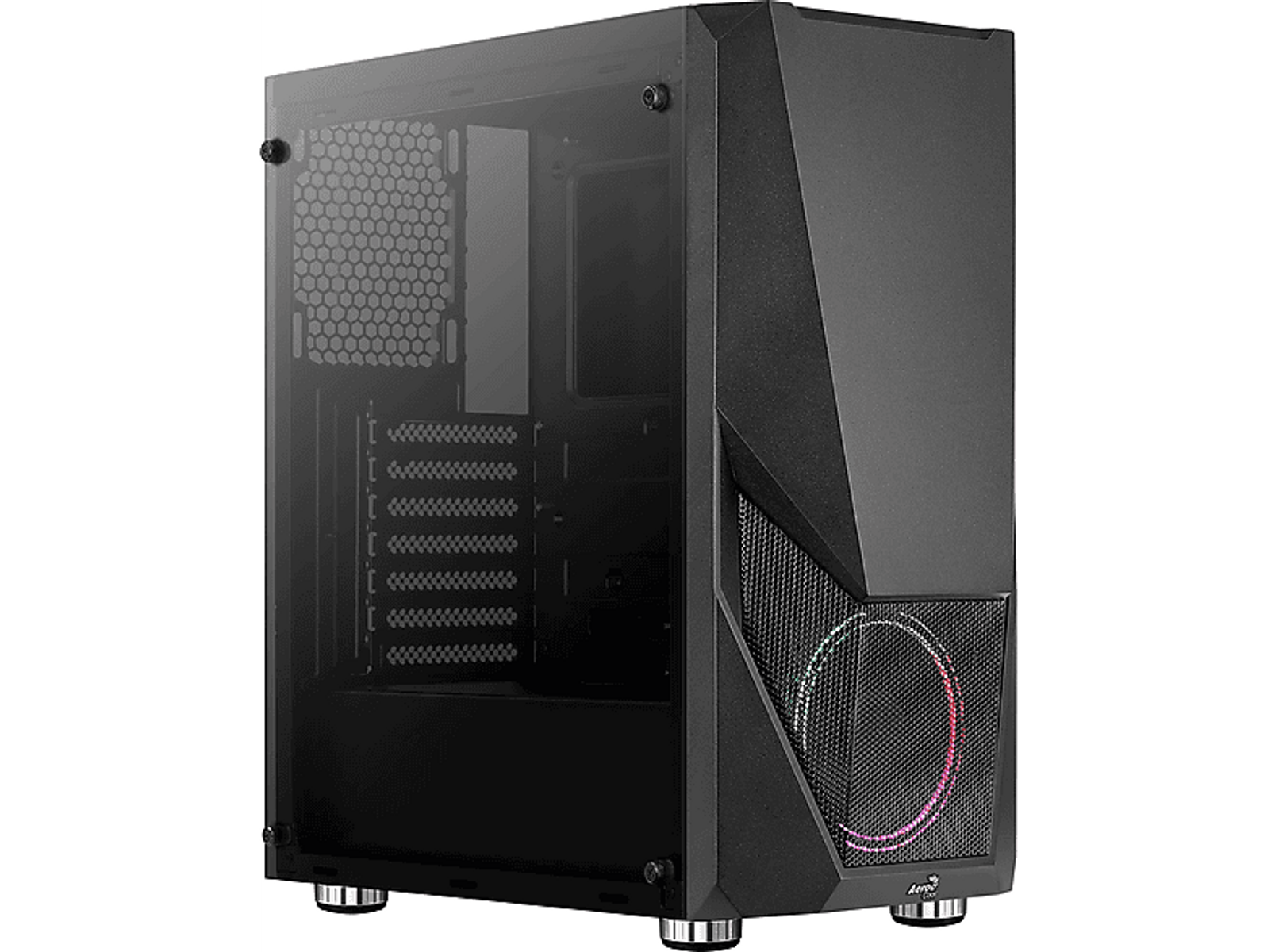 Czarna obudowa komputera z pochyloną przednią częścią, szklanym panelem bocznym i czerwonym światłem.