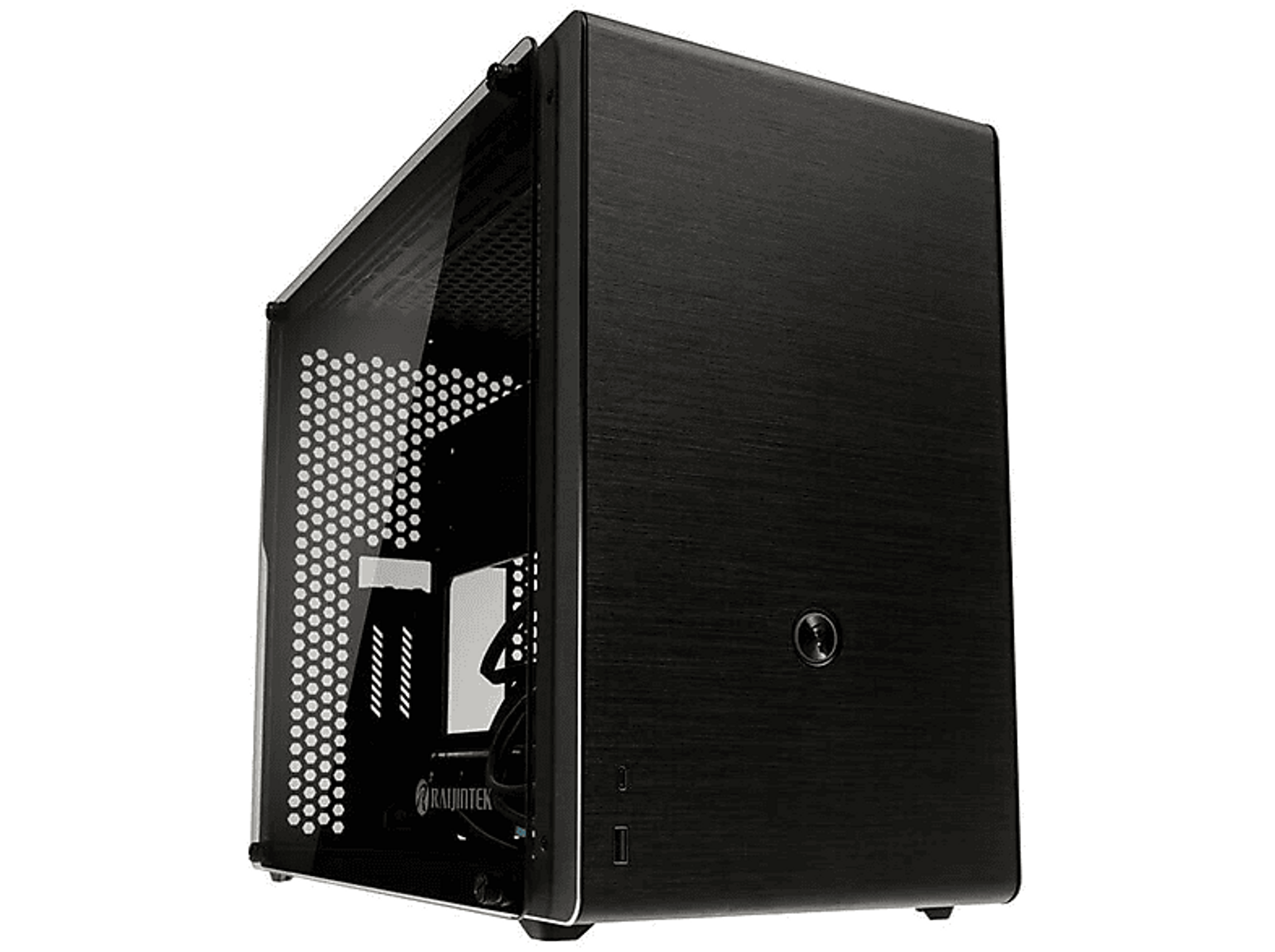 Un case per computer nero. Ha un pannello laterale in vetro e prese d'aria. Logo Radiotek visibile.