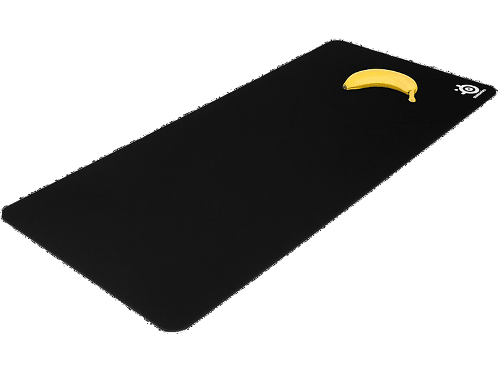 Schwarzes Mauspad mit Bananenschalen-Grafik in der oberen rechten Ecke.